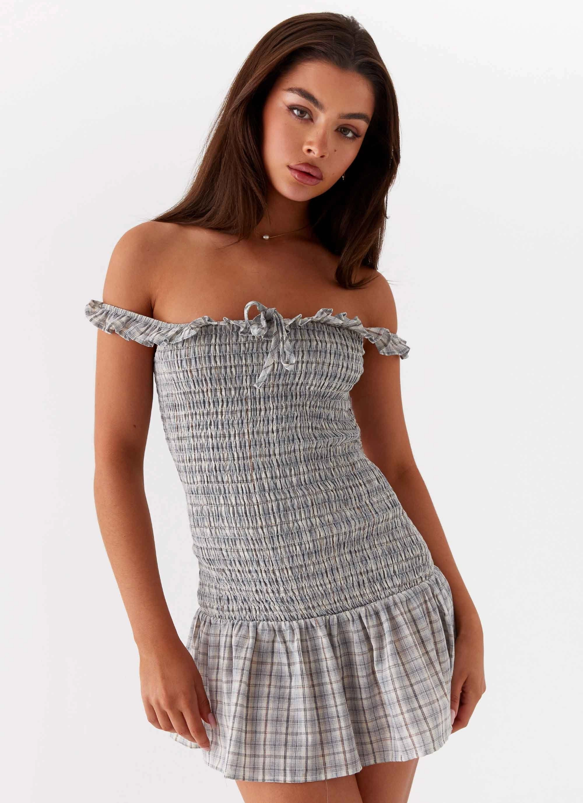 Anica Check Mini Dress - Grey Check Lightweight Layer Beadwork