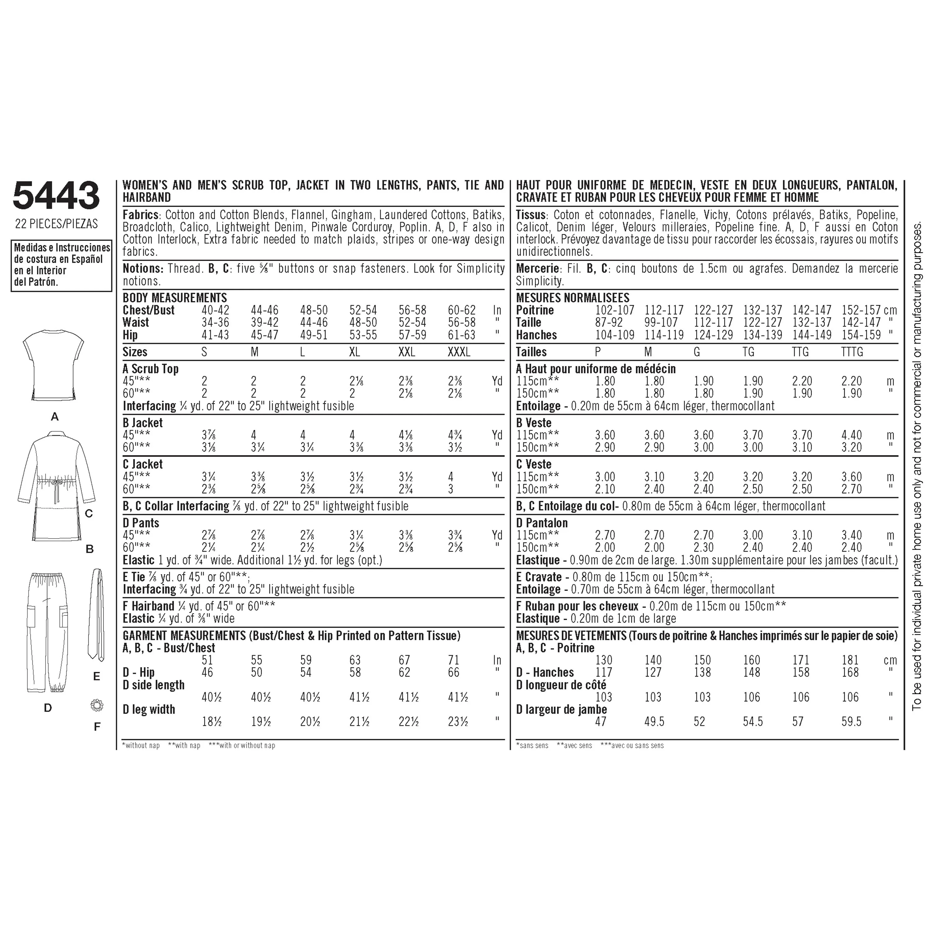 Simplicity Pattern S5443 Women's & Men's Plus Size Scrubs