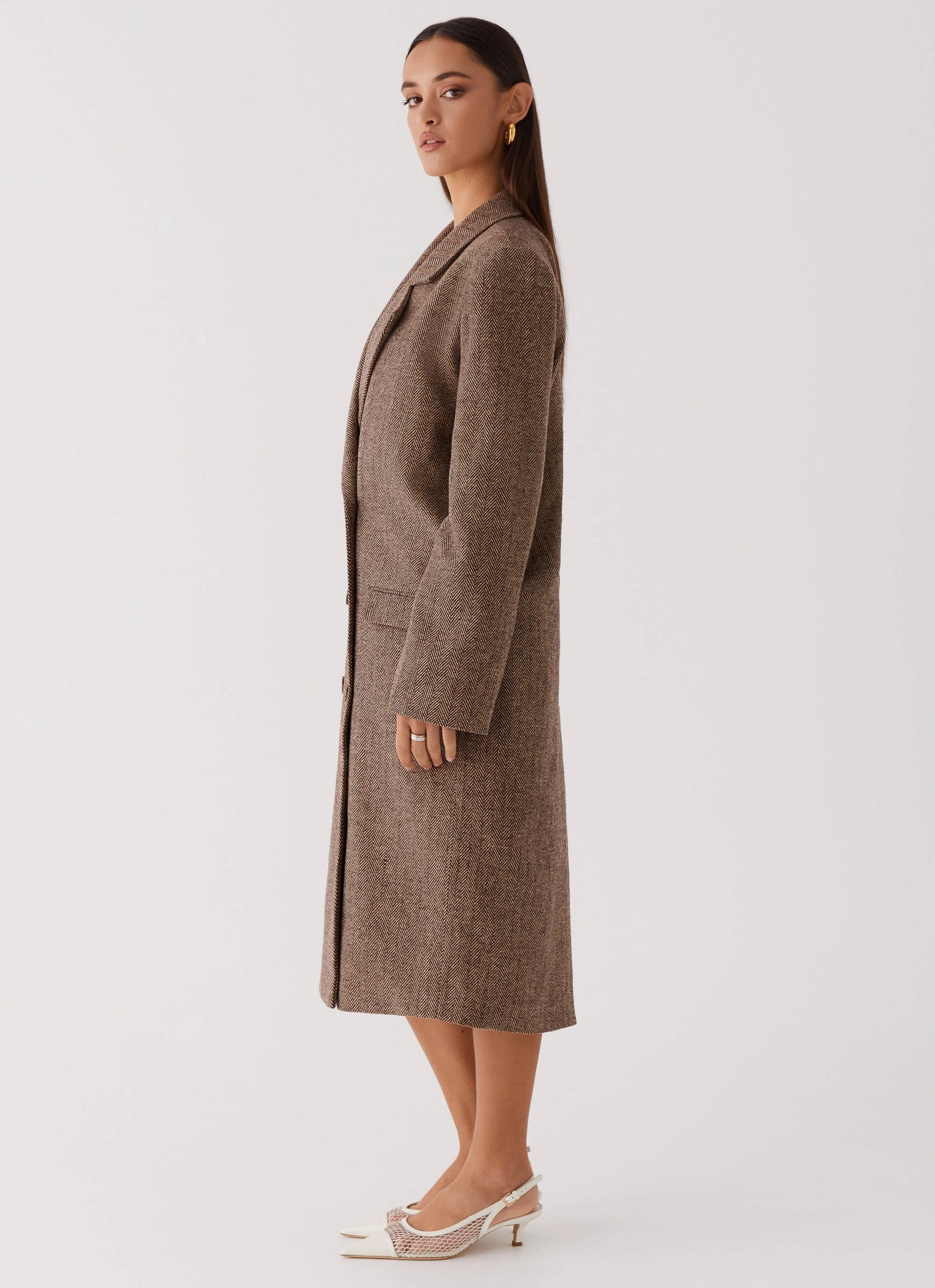 Since Way Back Longline Coat - Brown Wind Blocking Fabric