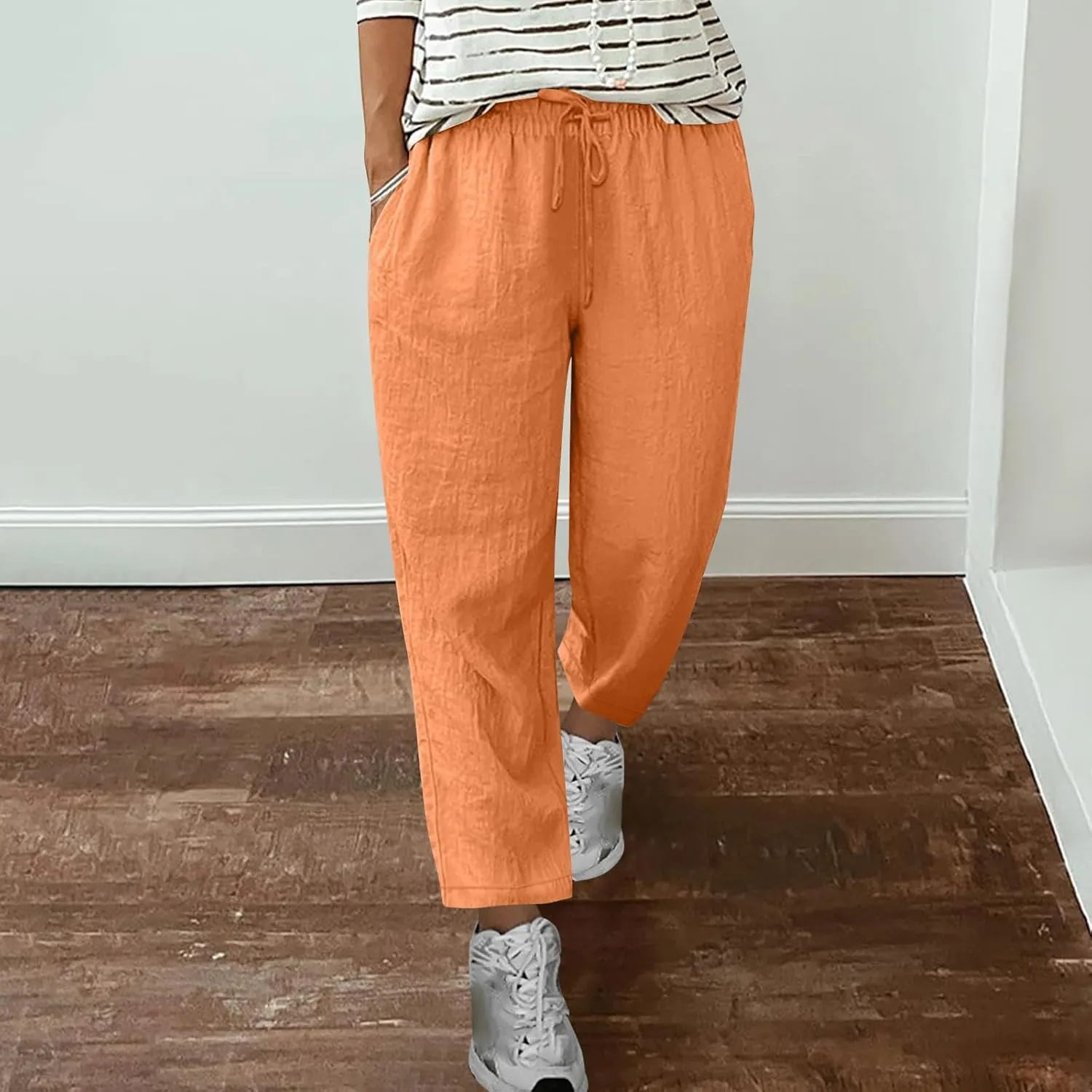 Sinzelimin Women Linen Sweatpant Fashion Solid Color Cotton Linen Wide Leg Pants Drawstring Elastic Waist Loose Comfy Trouser