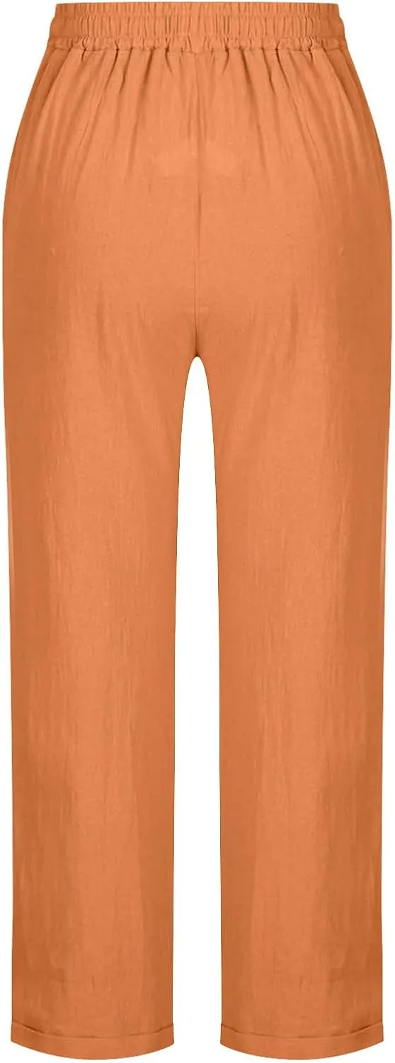 Sinzelimin Women Linen Sweatpant Fashion Solid Color Cotton Linen Wide Leg Pants Drawstring Elastic Waist Loose Comfy Trouser