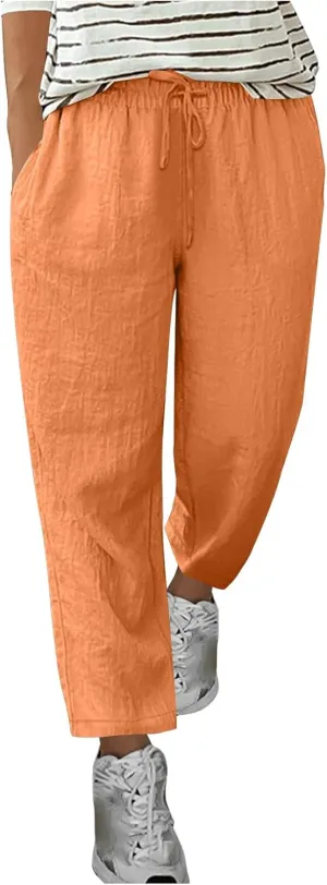 Sinzelimin Women Linen Sweatpant Fashion Solid Color Cotton Linen Wide Leg Pants Drawstring Elastic Waist Loose Comfy Trouser