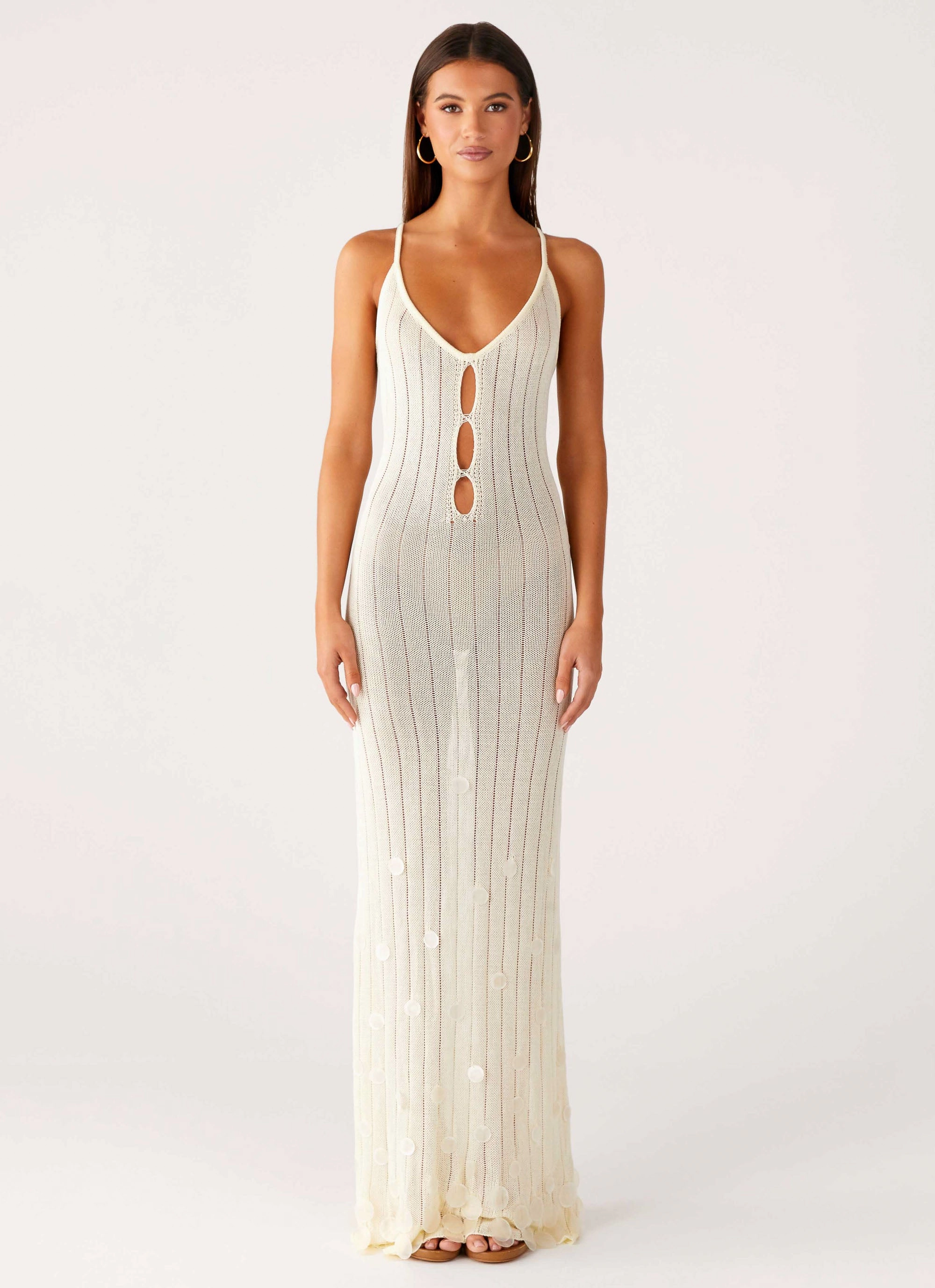 Siren Song Crochet Maxi Dress - Ivory Modest Cut High-waisted evening piece