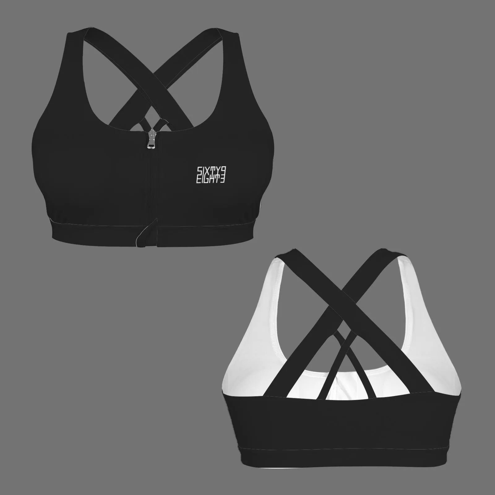 Sixty Eight 93 Logo White Zipper Front Cross Back Sports Bra