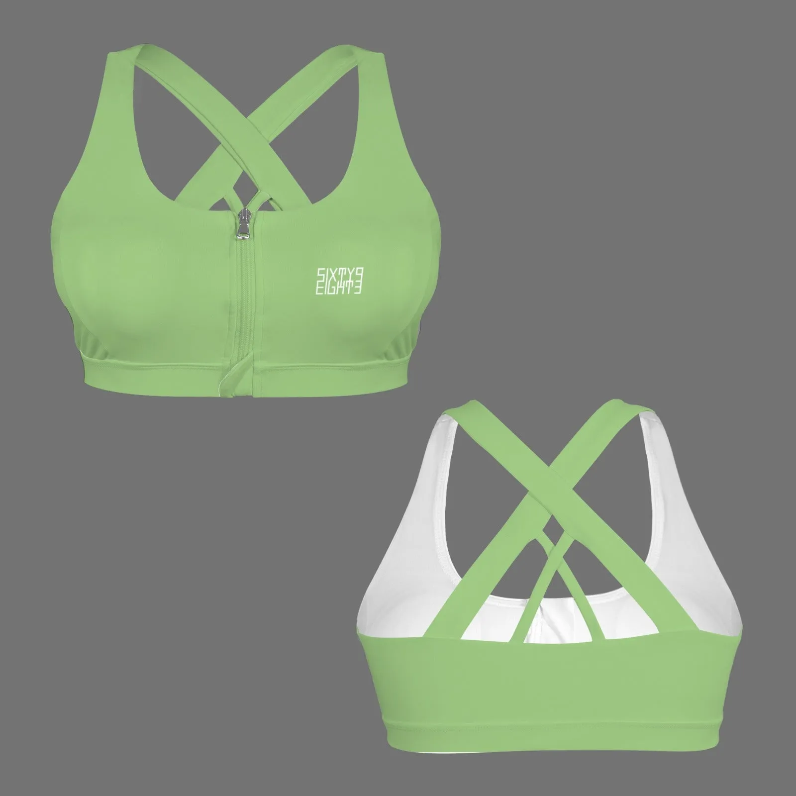 Sixty Eight 93 Logo White Zipper Front Cross Back Sports Bra
