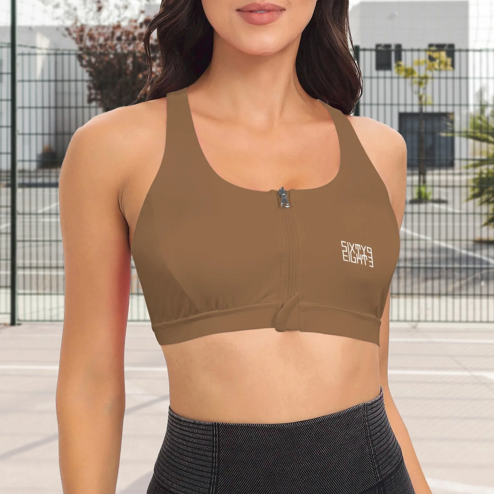 Sixty Eight 93 Logo White Zipper Front Cross Back Sports Bra