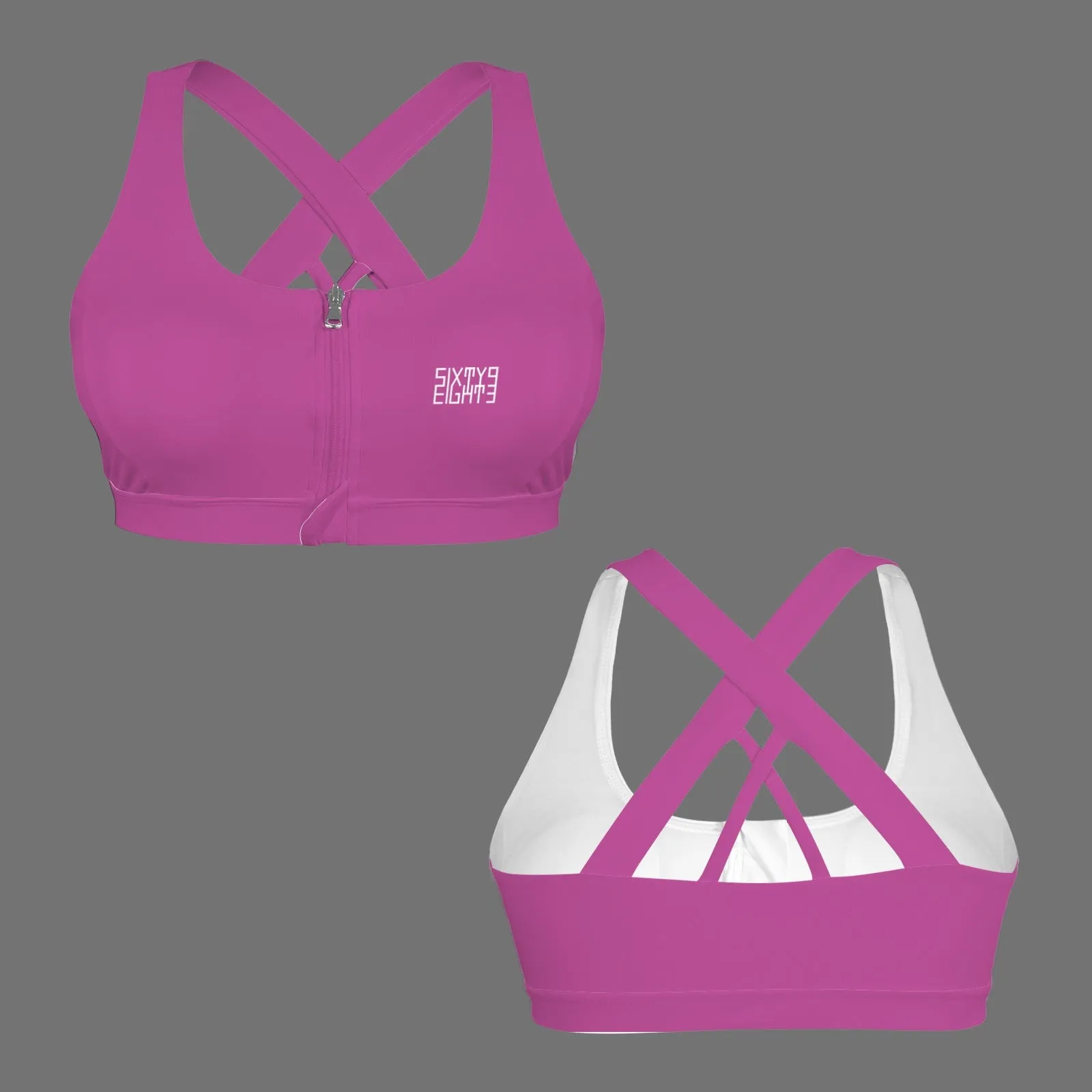 Sixty Eight 93 Logo White Zipper Front Cross Back Sports Bra