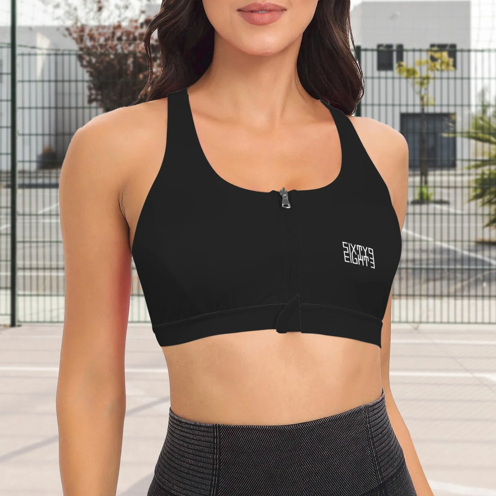 Sixty Eight 93 Logo White Zipper Front Cross Back Sports Bra