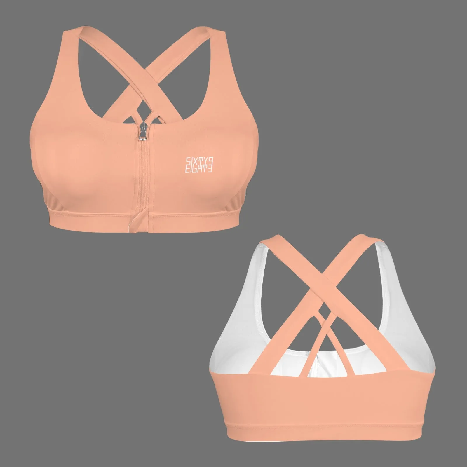 Sixty Eight 93 Logo White Zipper Front Cross Back Sports Bra
