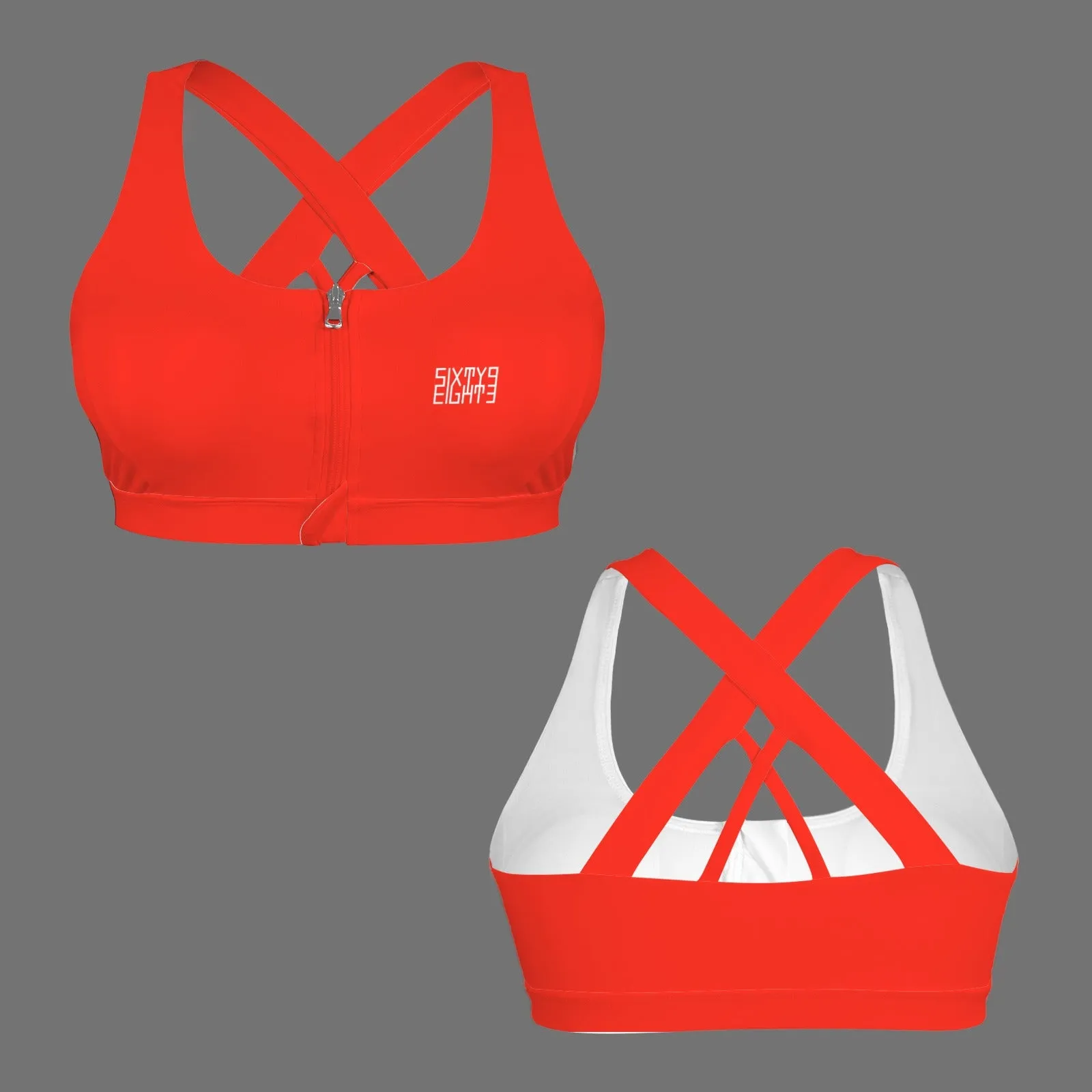 Sixty Eight 93 Logo White Zipper Front Cross Back Sports Bra