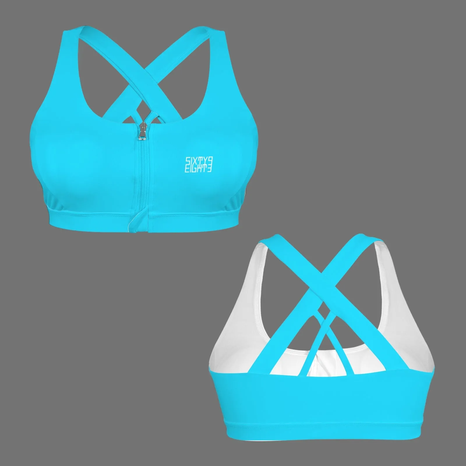Sixty Eight 93 Logo White Zipper Front Cross Back Sports Bra