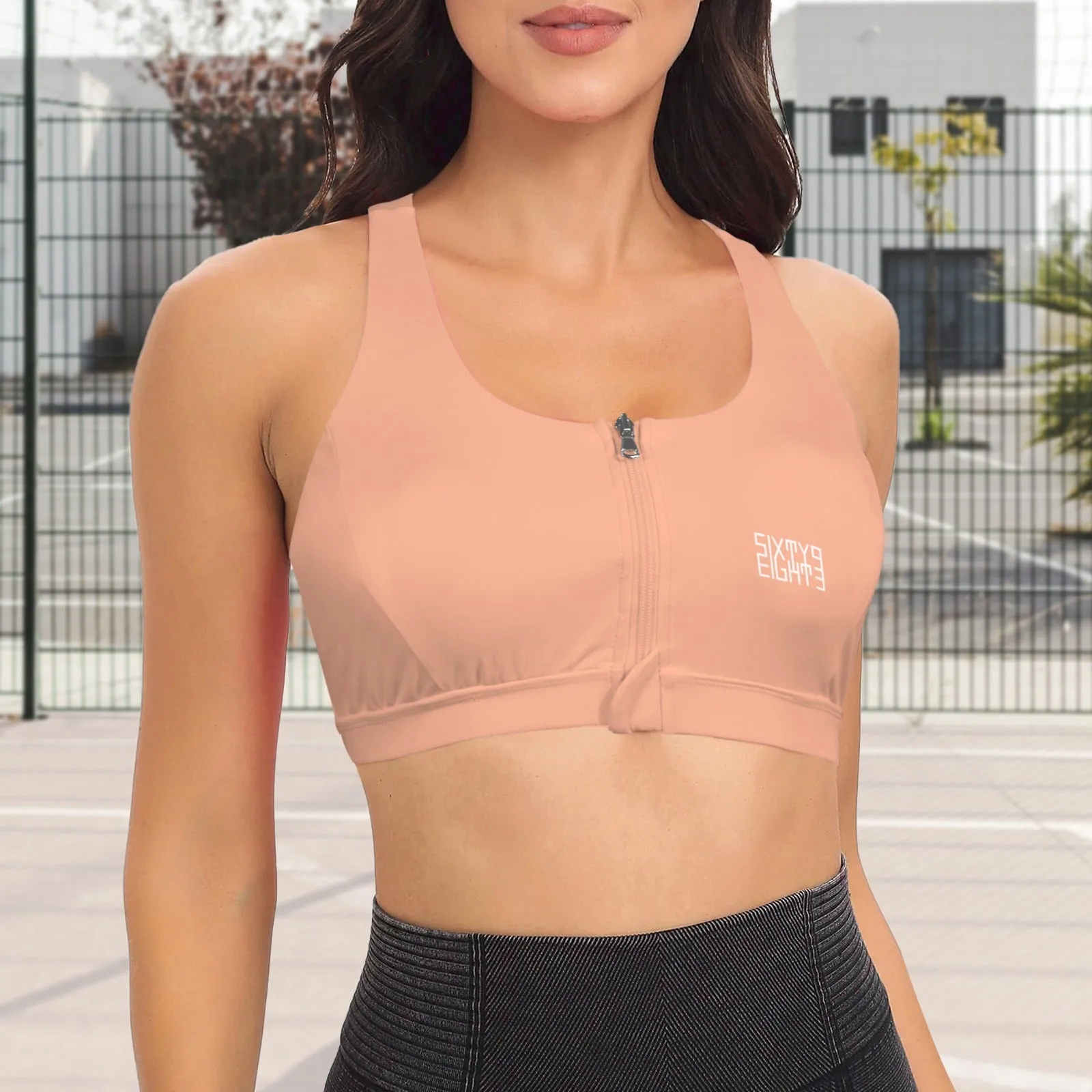 Sixty Eight 93 Logo White Zipper Front Cross Back Sports Bra