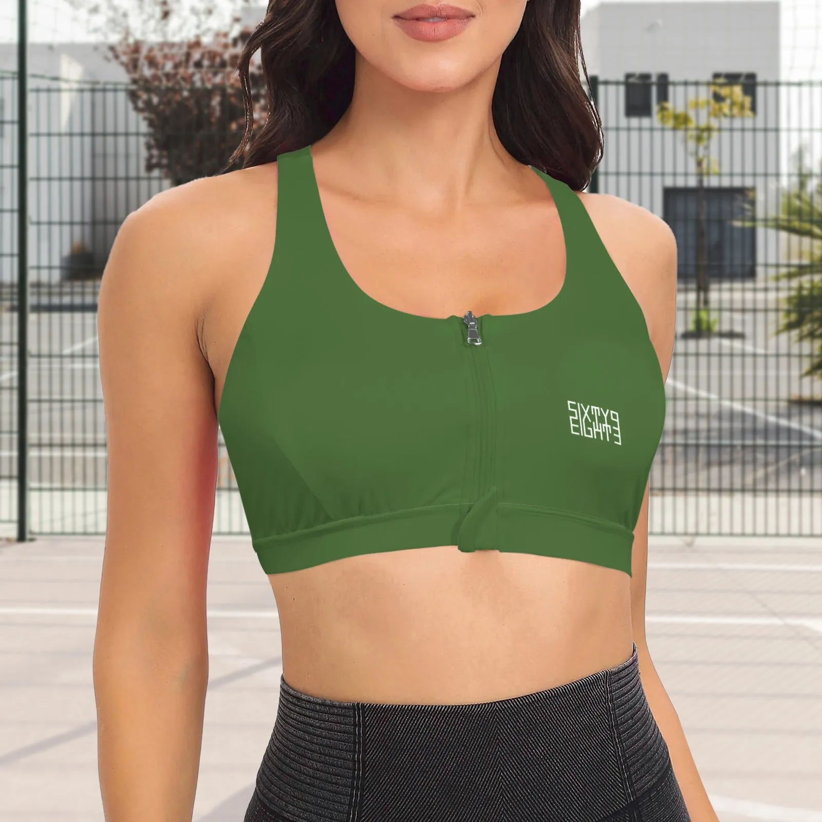 Sixty Eight 93 Logo White Zipper Front Cross Back Sports Bra