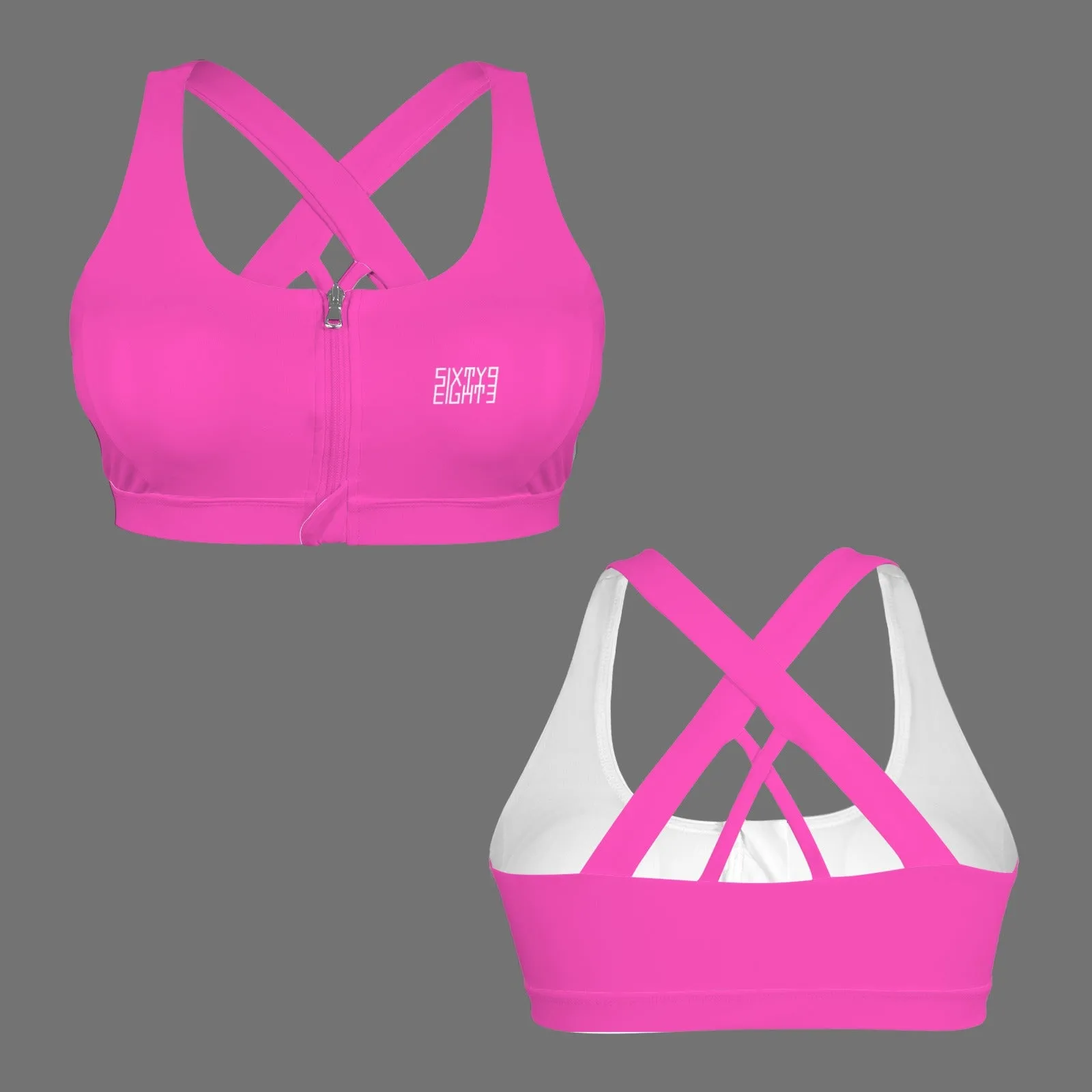 Sixty Eight 93 Logo White Zipper Front Cross Back Sports Bra