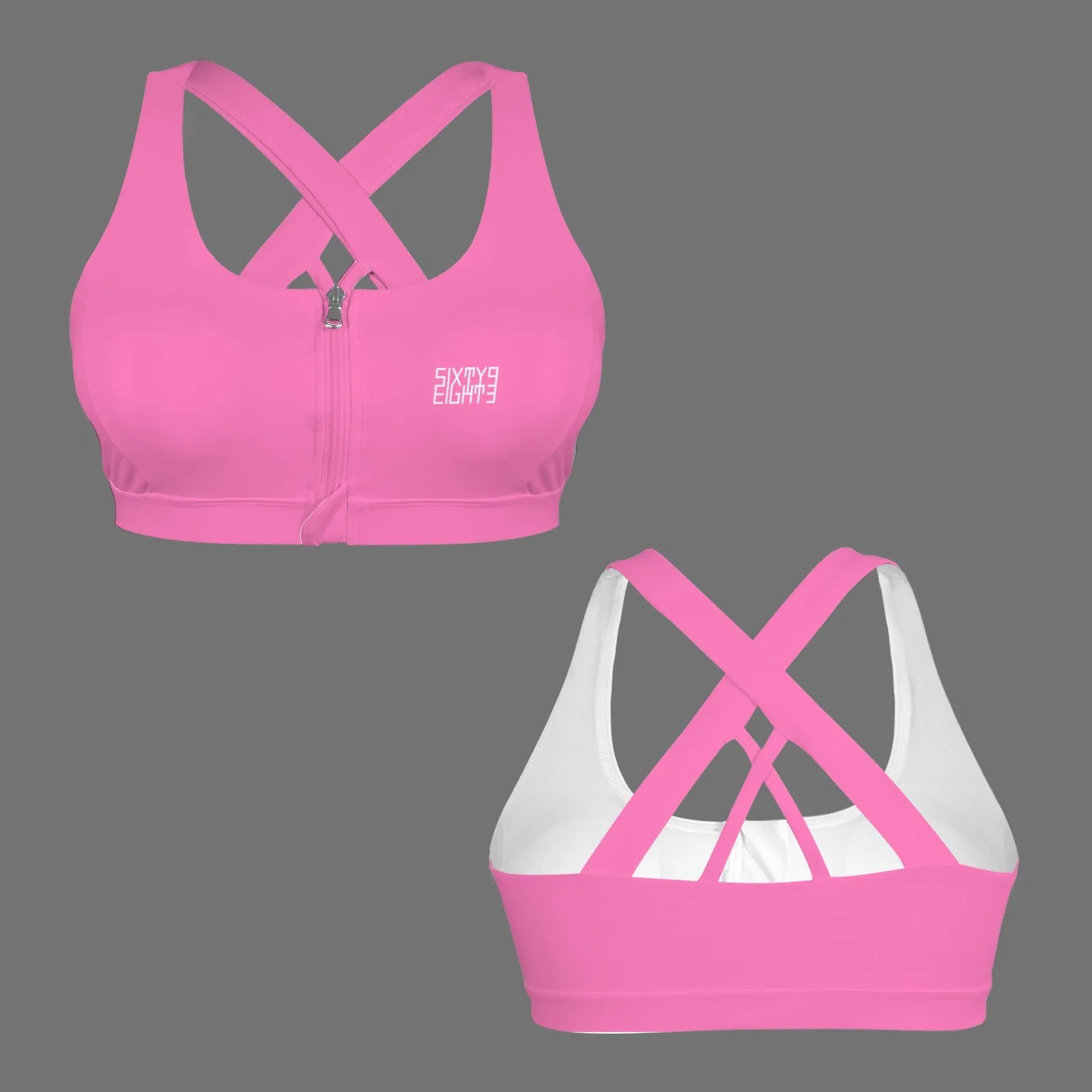 Sixty Eight 93 Logo White Zipper Front Cross Back Sports Bra