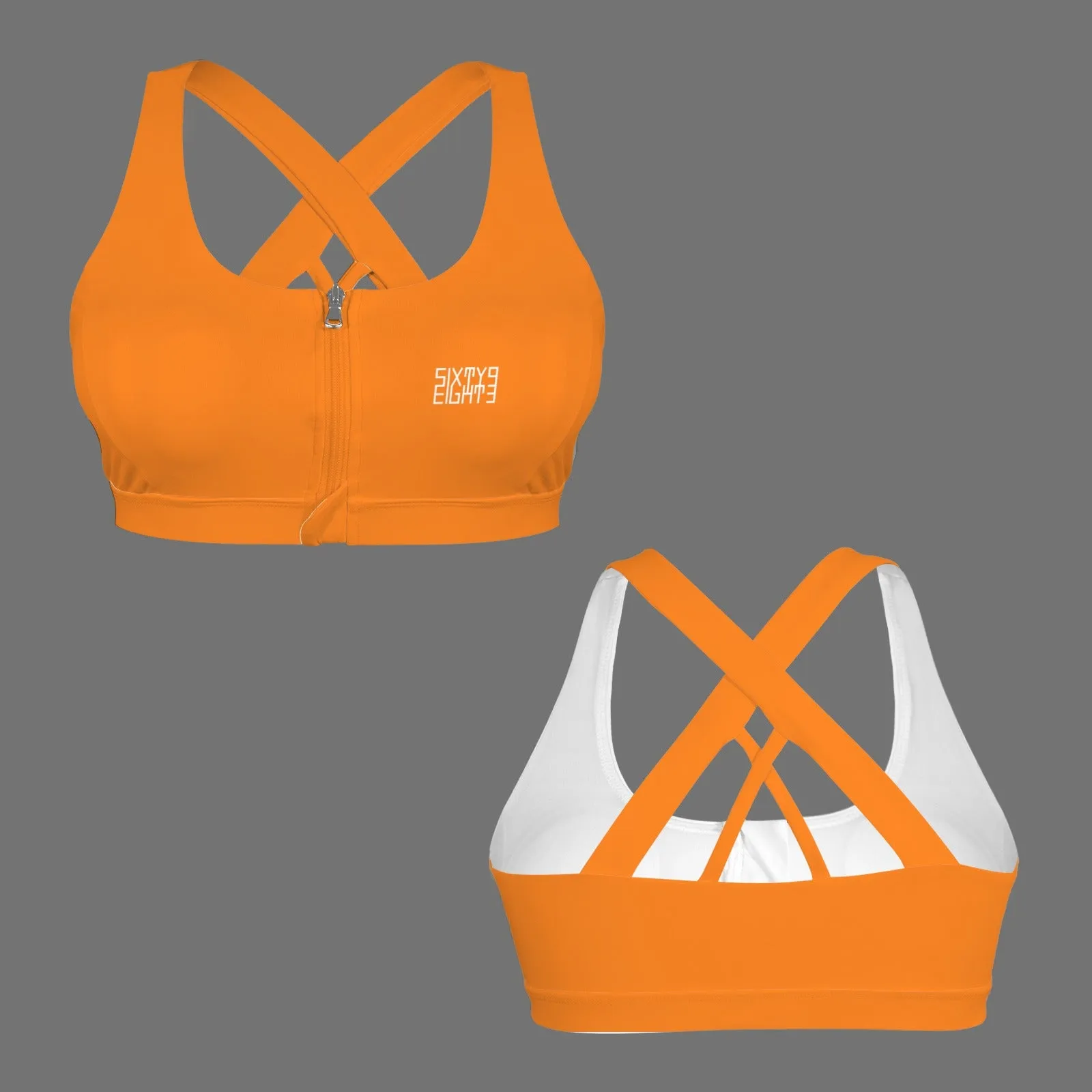 Sixty Eight 93 Logo White Zipper Front Cross Back Sports Bra