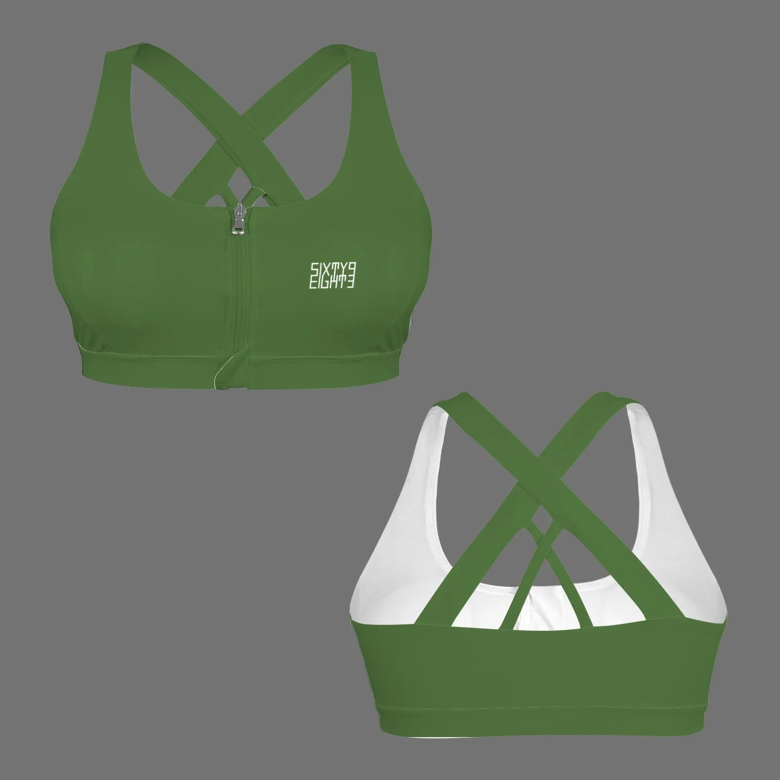 Sixty Eight 93 Logo White Zipper Front Cross Back Sports Bra