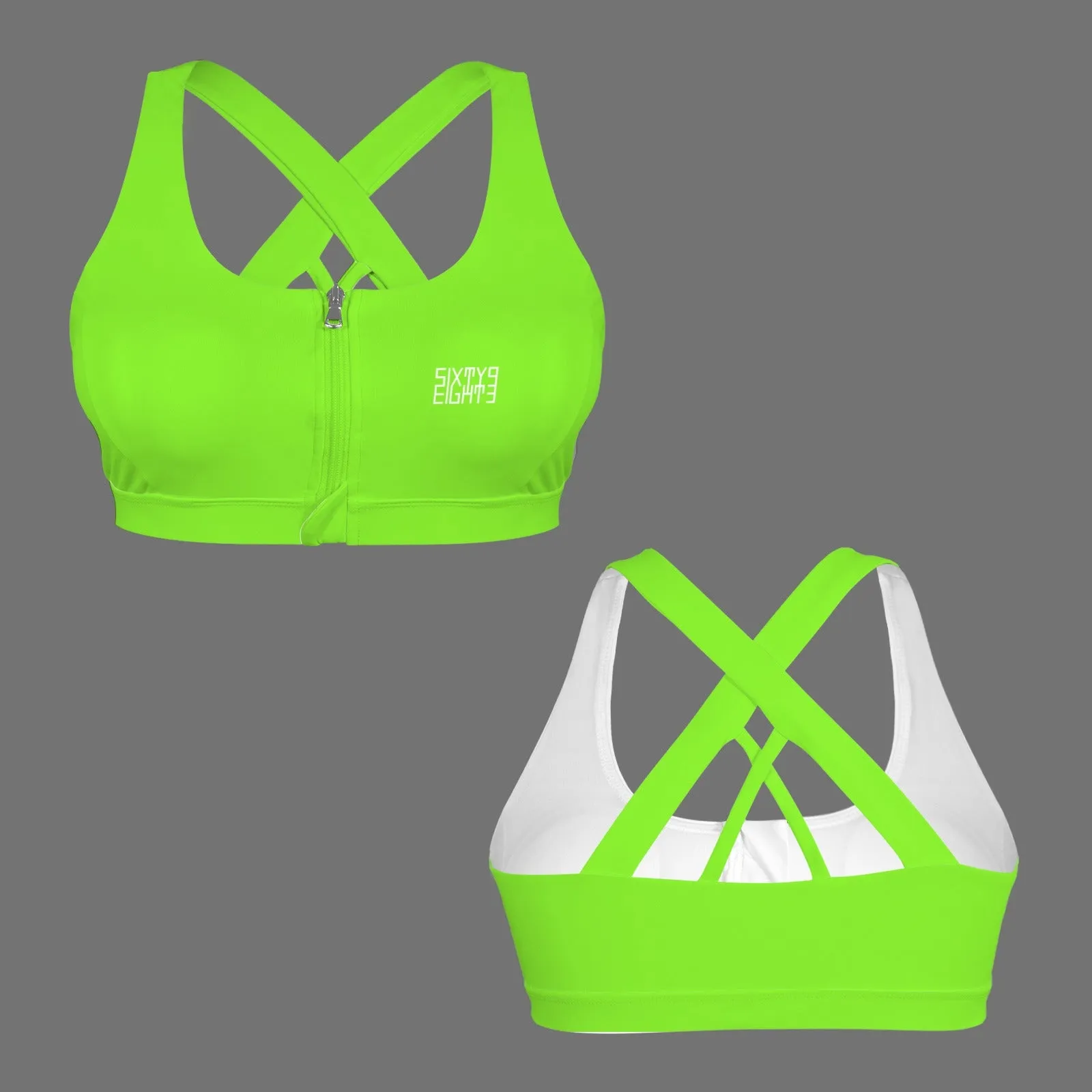 Sixty Eight 93 Logo White Zipper Front Cross Back Sports Bra