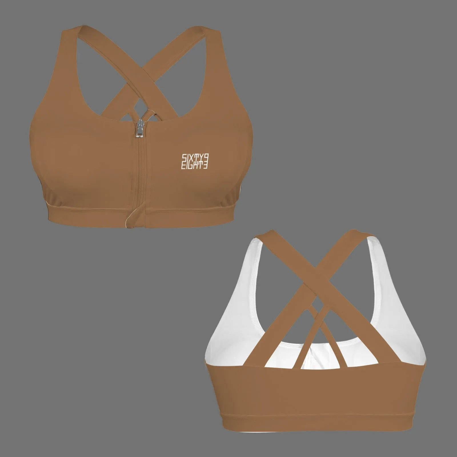 Sixty Eight 93 Logo White Zipper Front Cross Back Sports Bra
