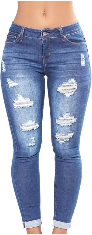 Skinny Jeans for Women Distressed Flap Hem Skinny Jeans Street Ripped Ankle Pants Low Waist Stretch Denim Pants