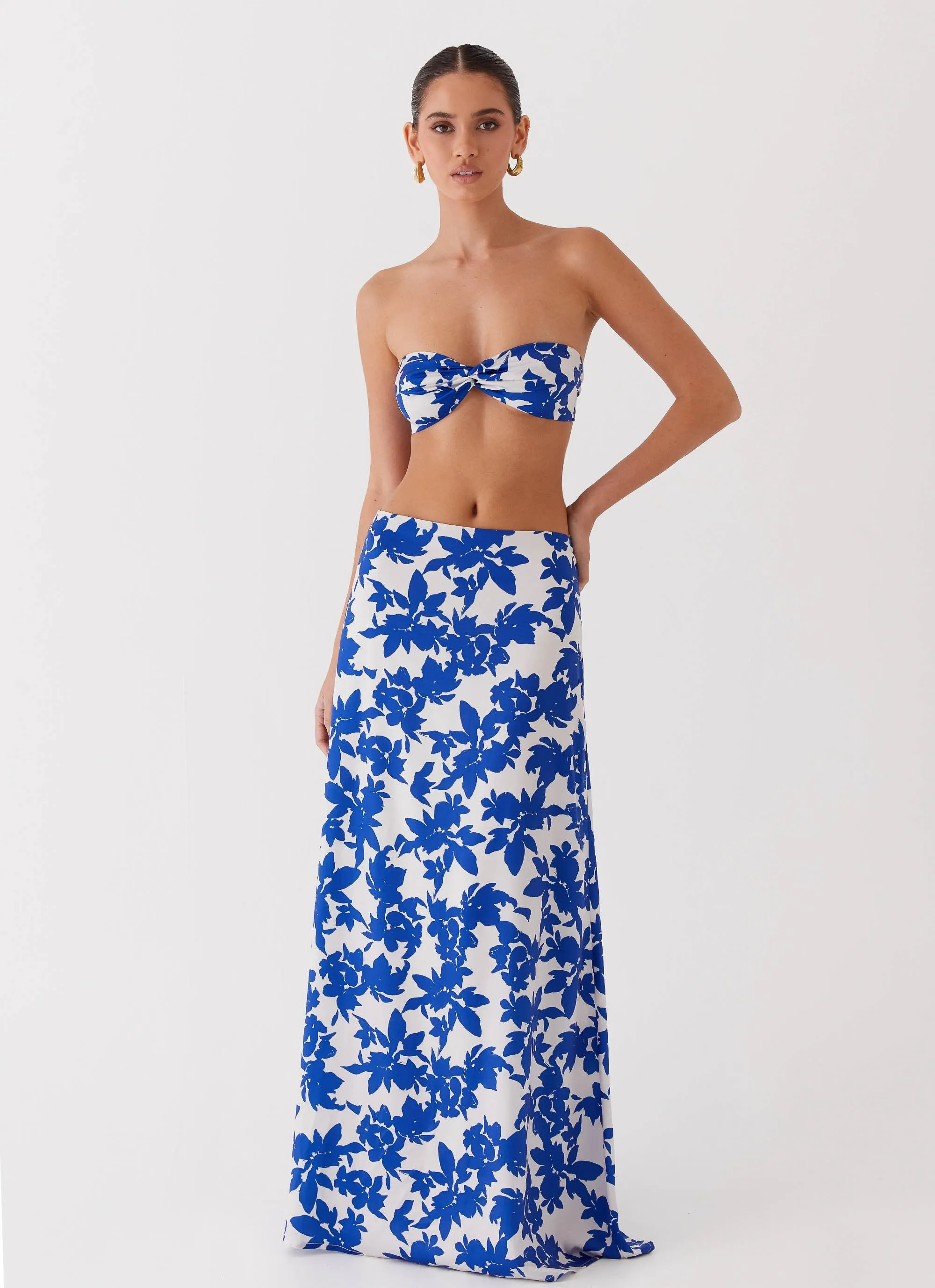 Sky Gaze Low Rise Maxi Skirt - Blue Floral Simple Comfort Flexible Material