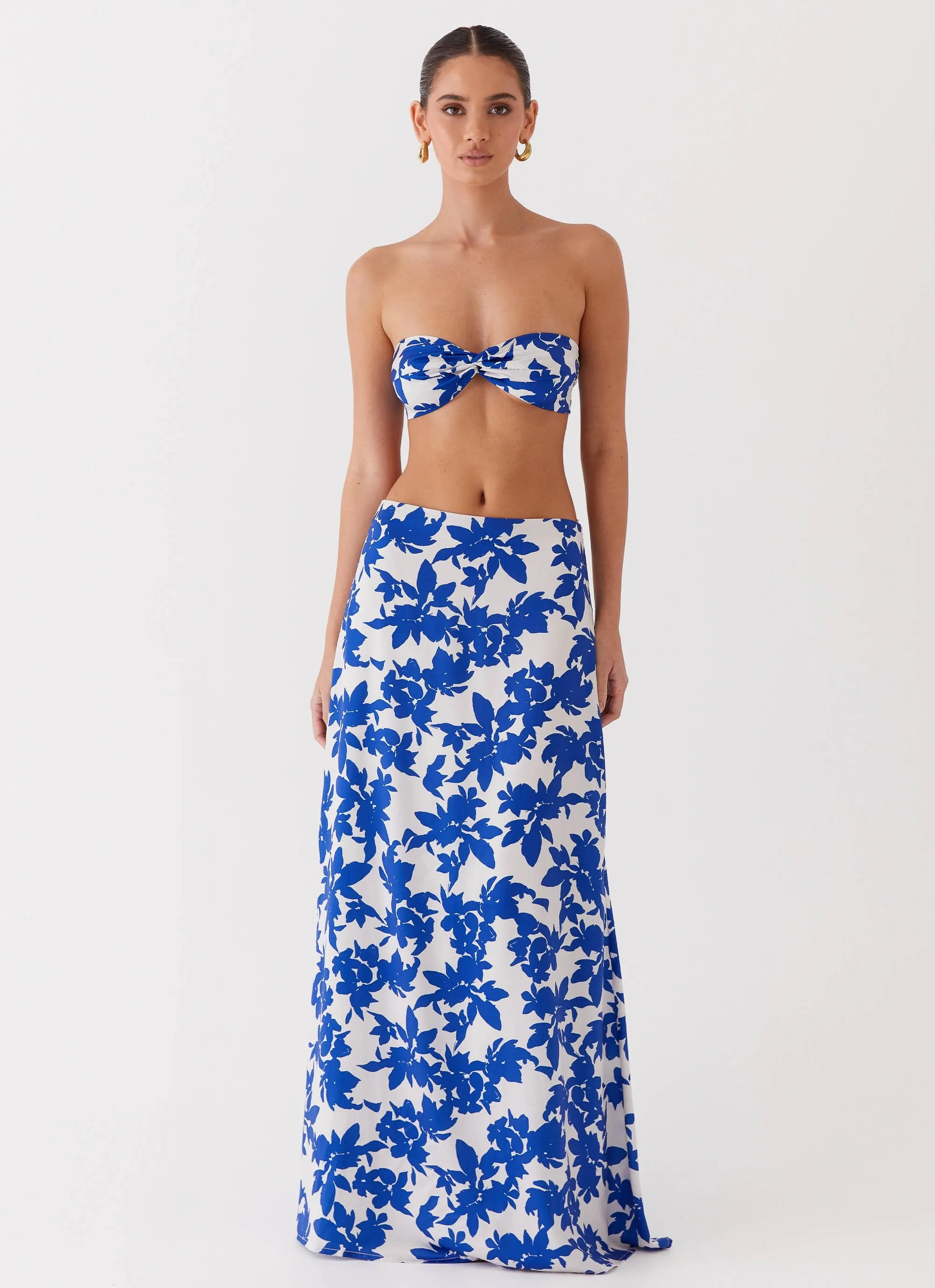 Removable Belt High Rise Sky Gaze Low Rise Maxi Skirt - Blue Floral