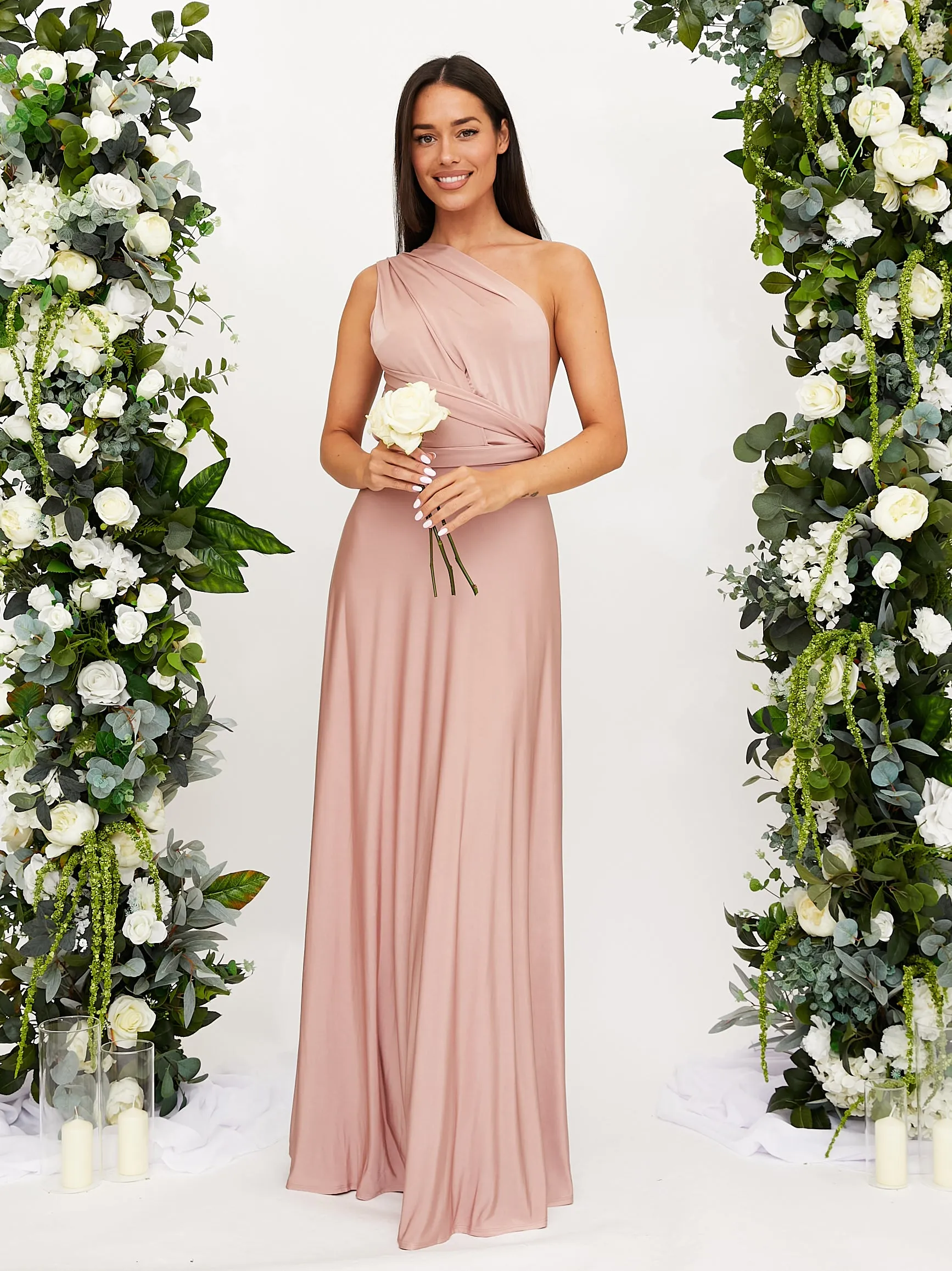 Art-Gallery Satin Finish Multi-way Slinky Maxi Dress / Blush