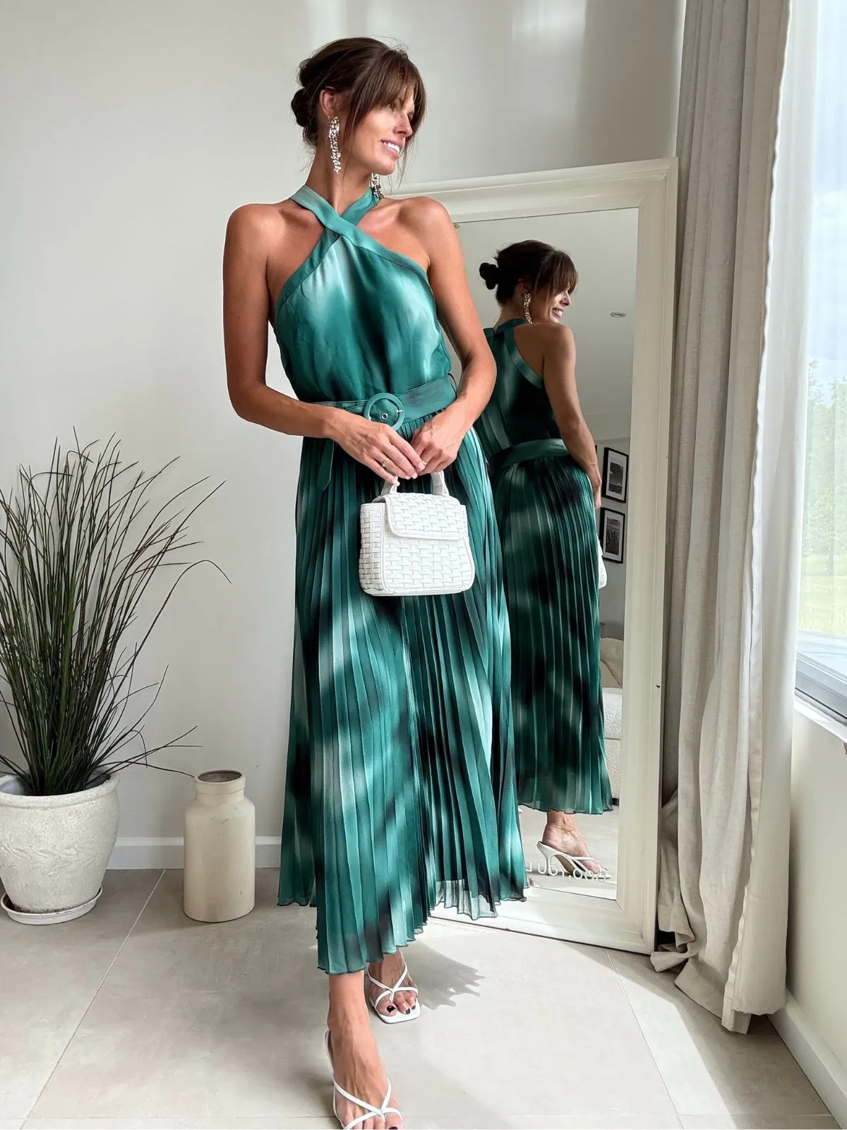 Pure Piece Silky Finish Paige Halter Pleated Belted Dress / Green Print