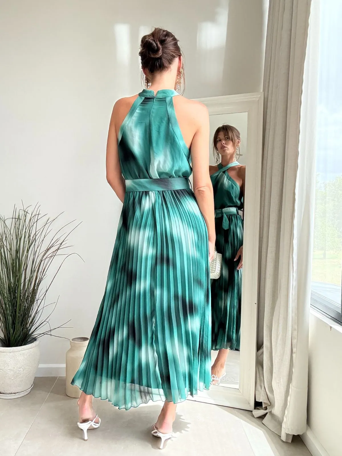 Paige Halter Pleated Belted Dress / Green Print Draped Fabric Weekend Ready
