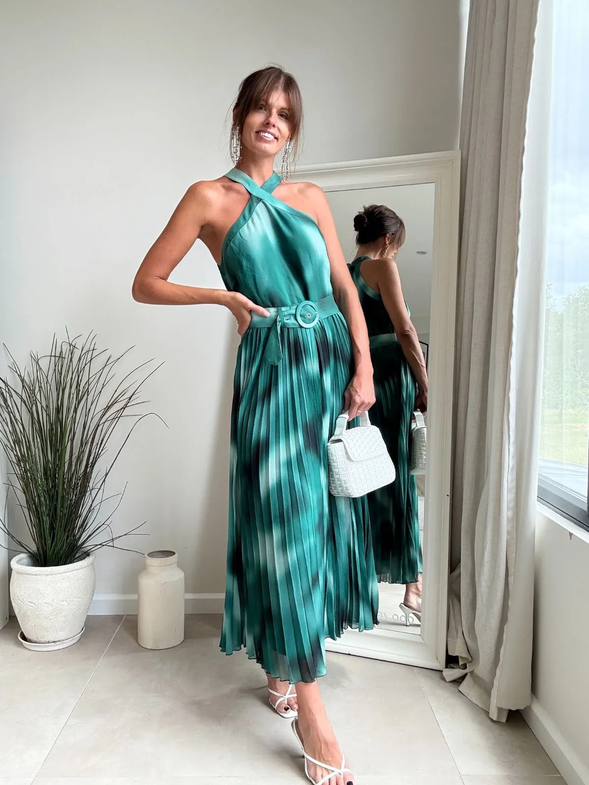 Paige Halter Pleated Belted Dress / Green Print Lace-Trim