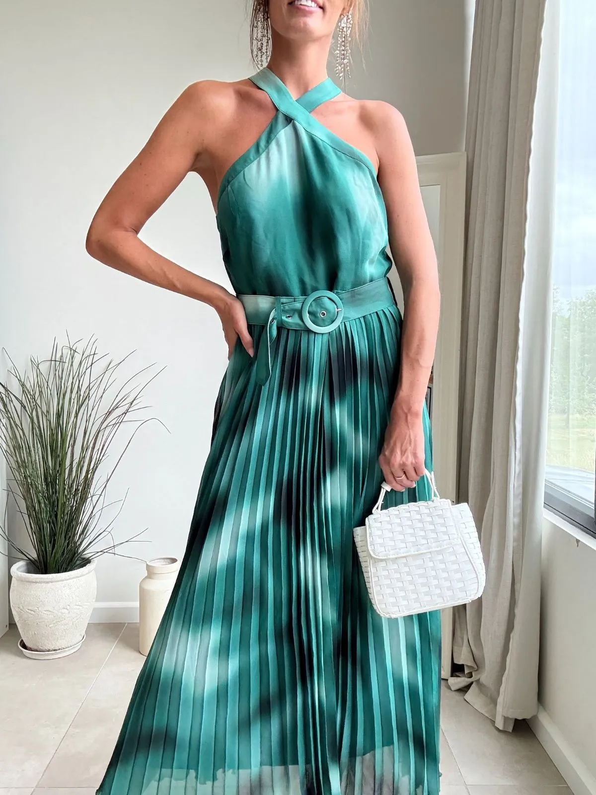 Paige Halter Pleated Belted Dress / Green Print Sophisticated Touch Versatile occasion dress