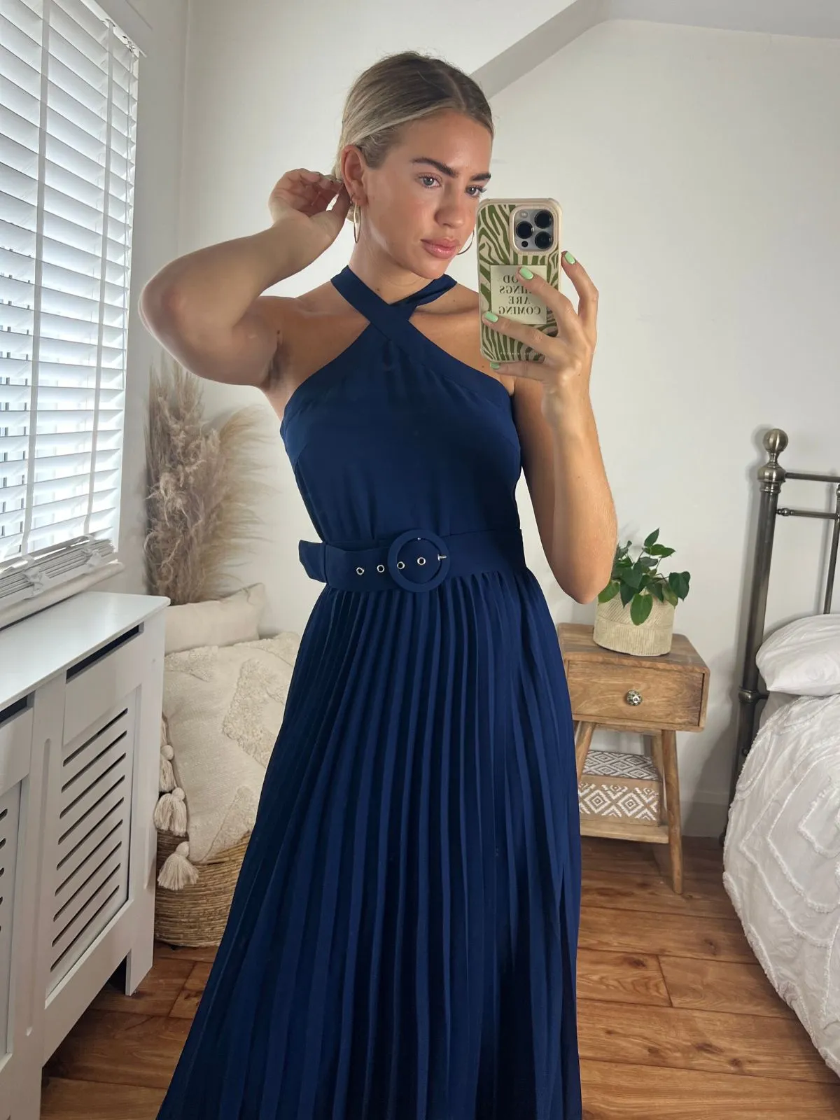 Paige Halter Pleated Belted Dress / Navy Cocktail-Party Chilly Weather Wear