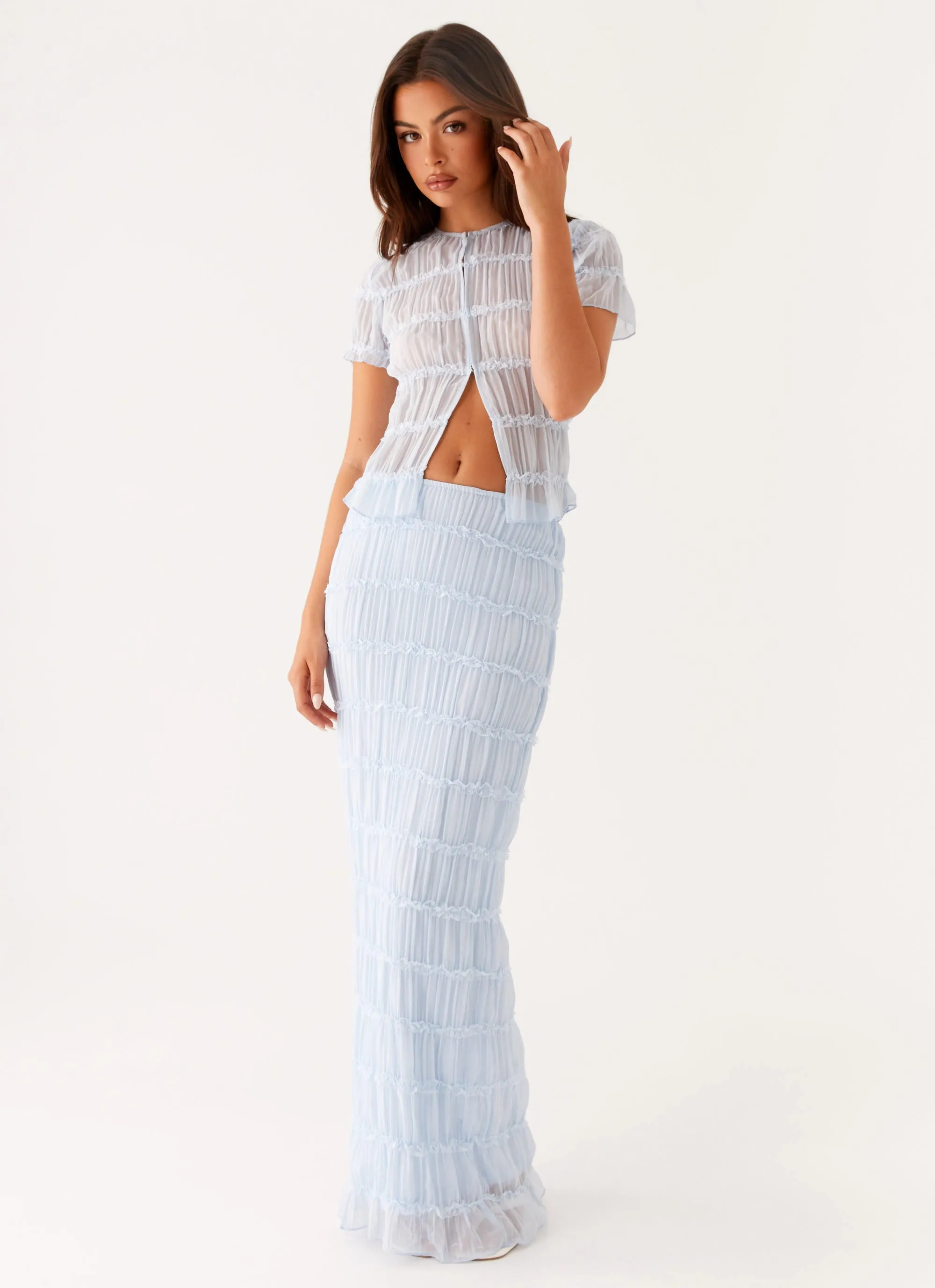 Daydreaming Low Rise Maxi Skirt - Blue Water Repellent Rolled Hem