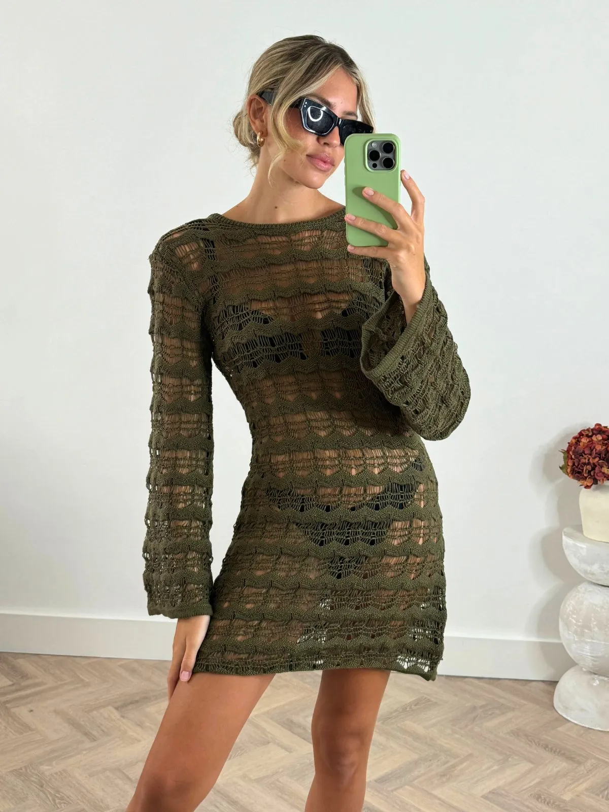 NEW FIT Ocean Long Sleeve Lace Back Mini dress / Khaki ReversibleStyle Silk-Blend