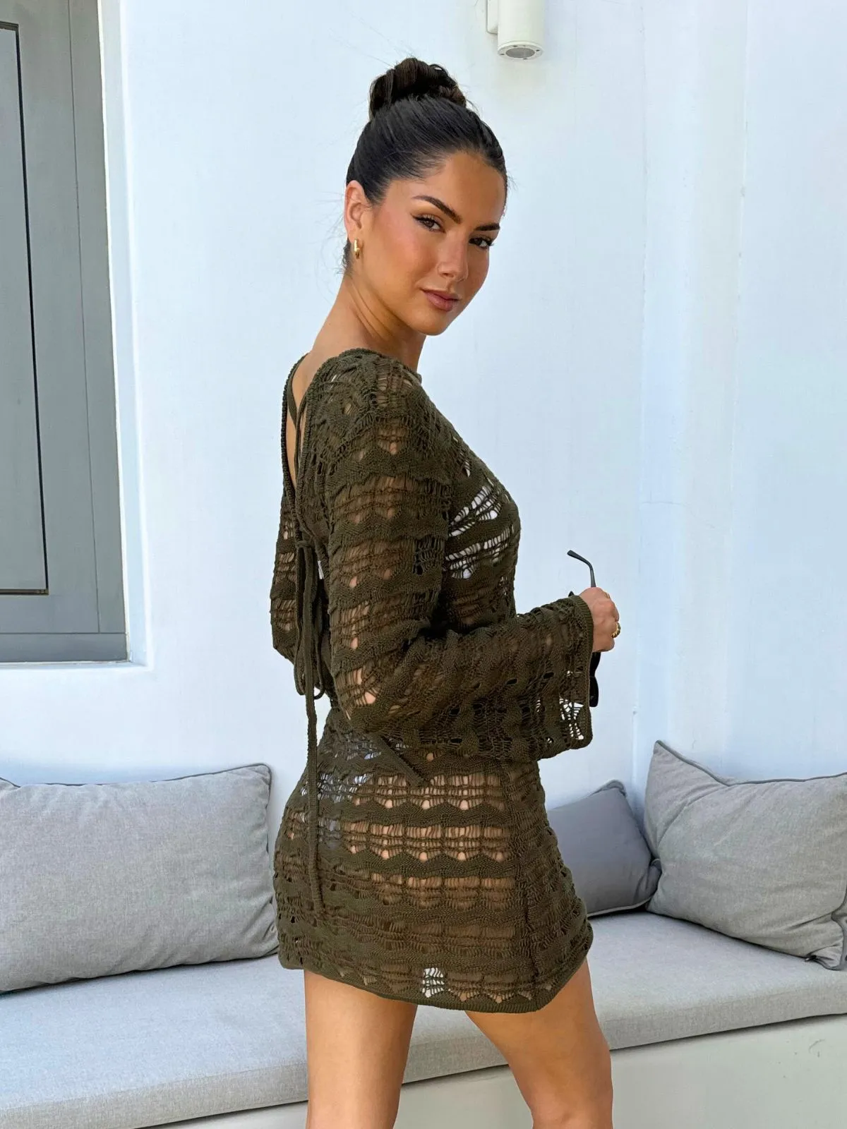 Soft Hue Flexible Cut NEW FIT Ocean Long Sleeve Lace Back Mini dress / Khaki