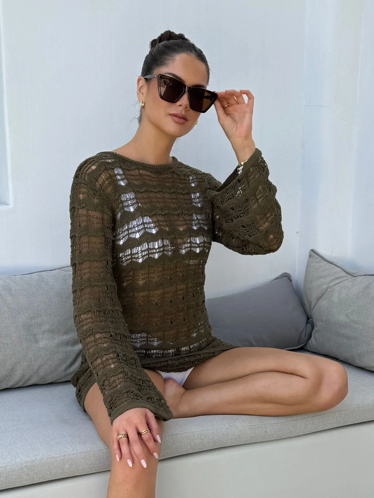 NEW FIT Ocean Long Sleeve Lace Back Mini dress / Khaki Retro Mood