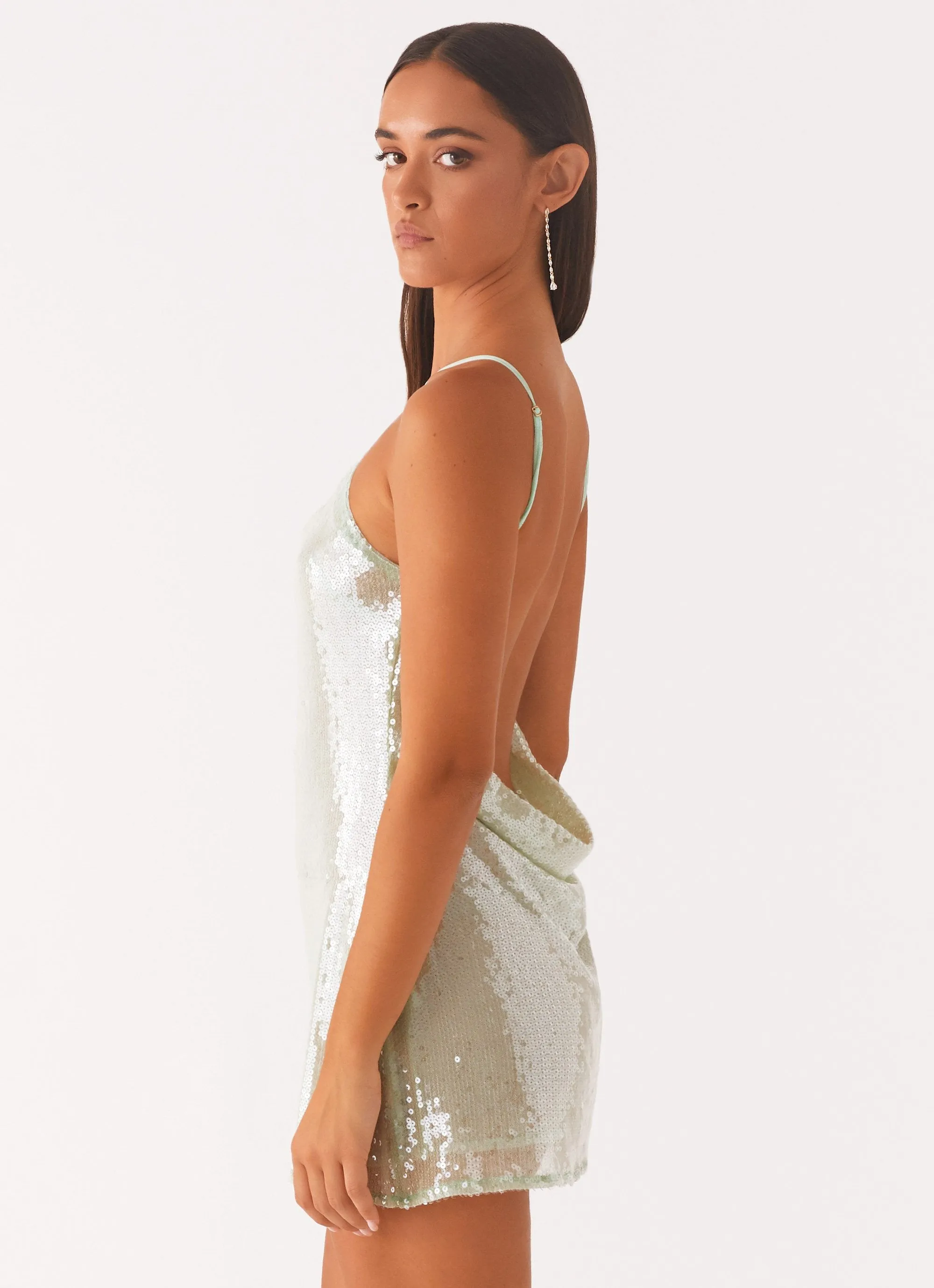 Outerwear Companion High-End Fashion Radiant Energy Cowl Back Mini Dress - Mint