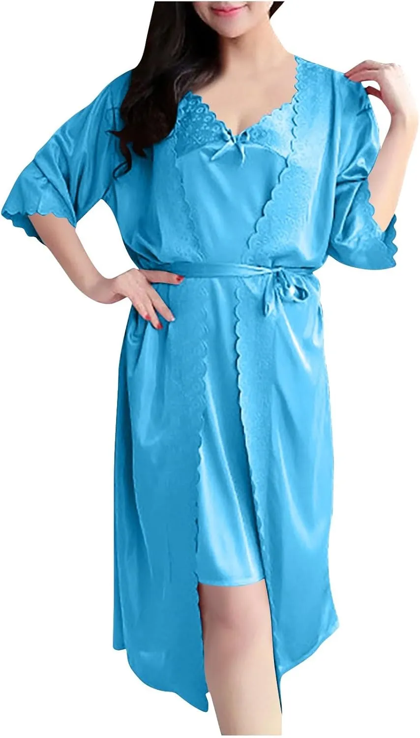 Sleepwear Women's Satin Nightgown with Robes Set 2 Piece Sexy Lace Cami Nightwear Long Sleeves Bathrobe Soft Sleepwear