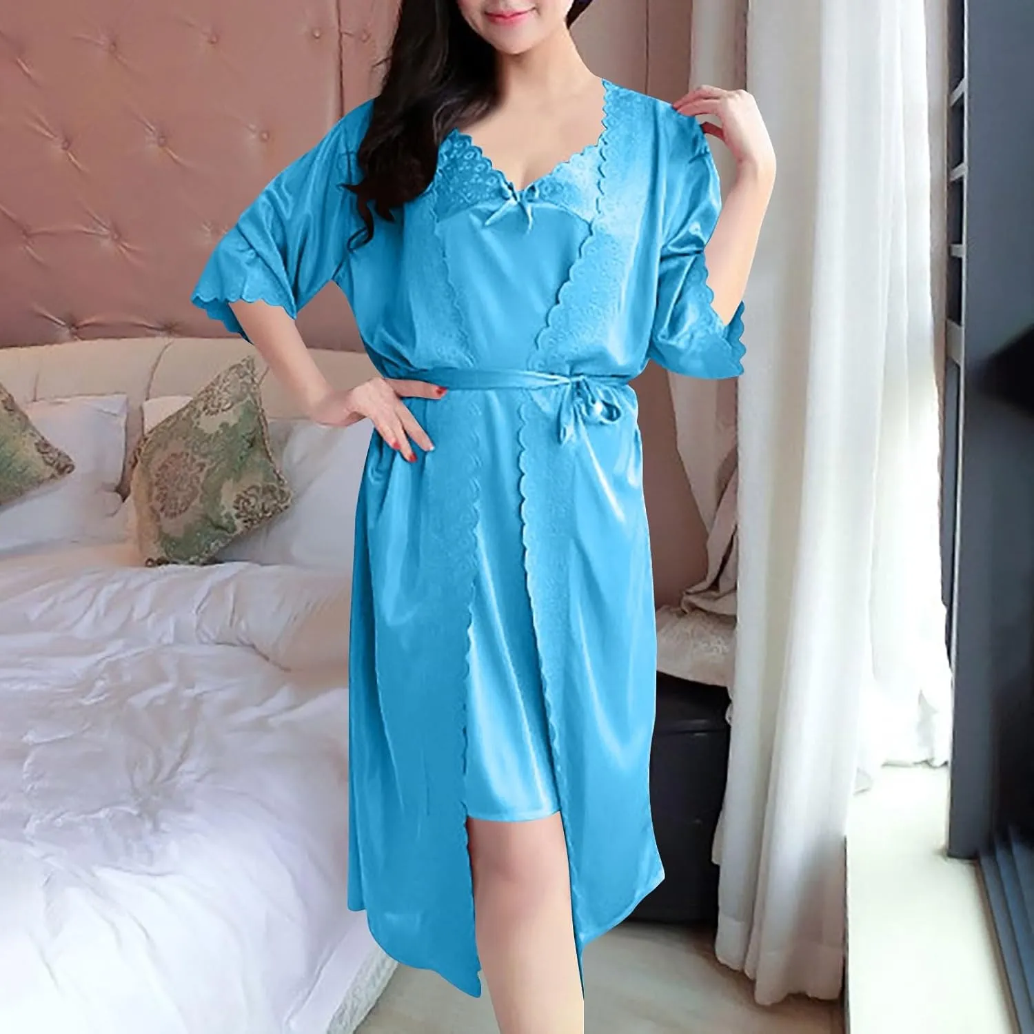 Sleepwear Women's Satin Nightgown with Robes Set 2 Piece Sexy Lace Cami Nightwear Long Sleeves Bathrobe Soft Sleepwear