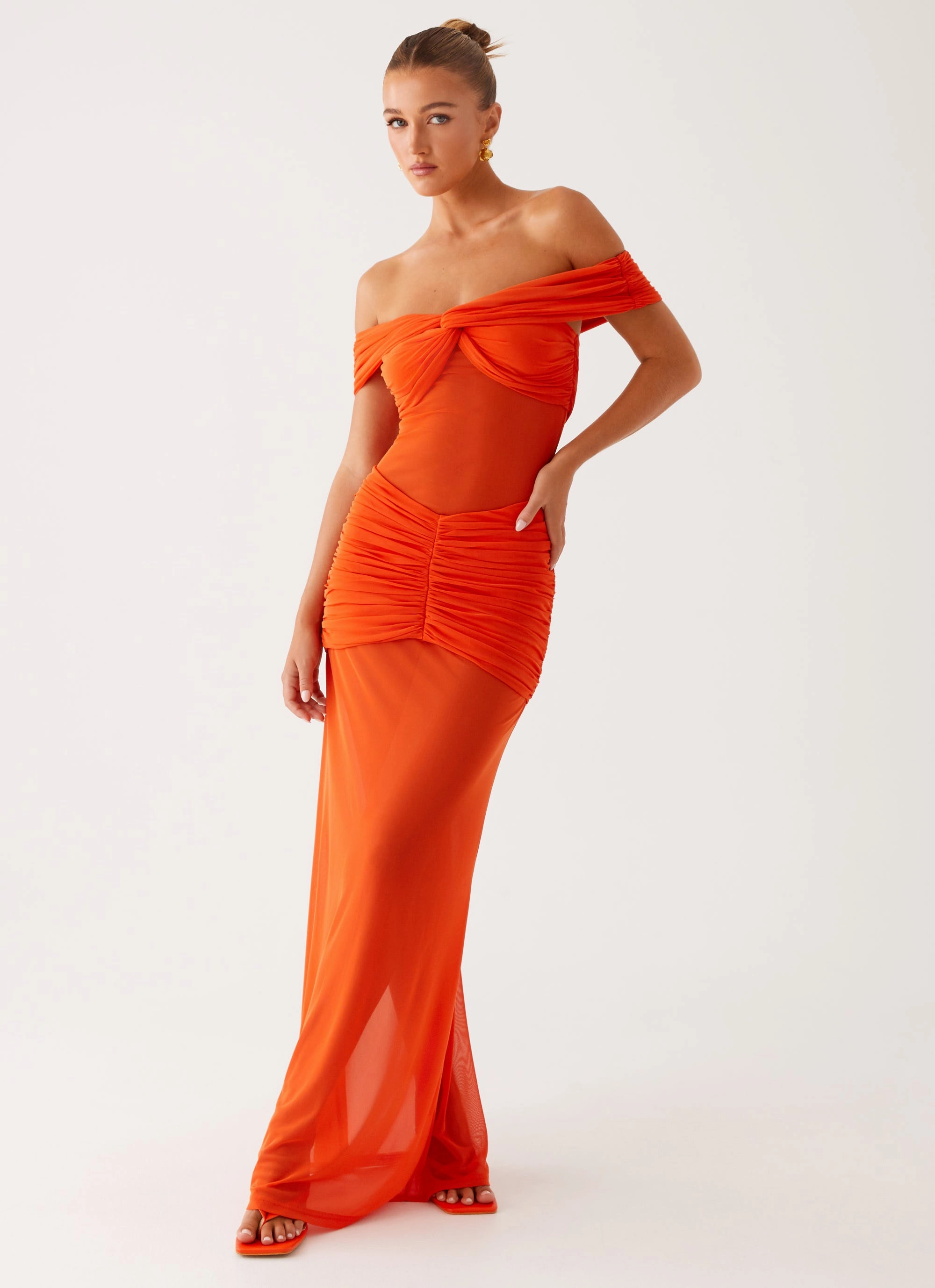 Charming Off Shoulder Maxi Dress - Orange Timeless Wear Flowing Lines
