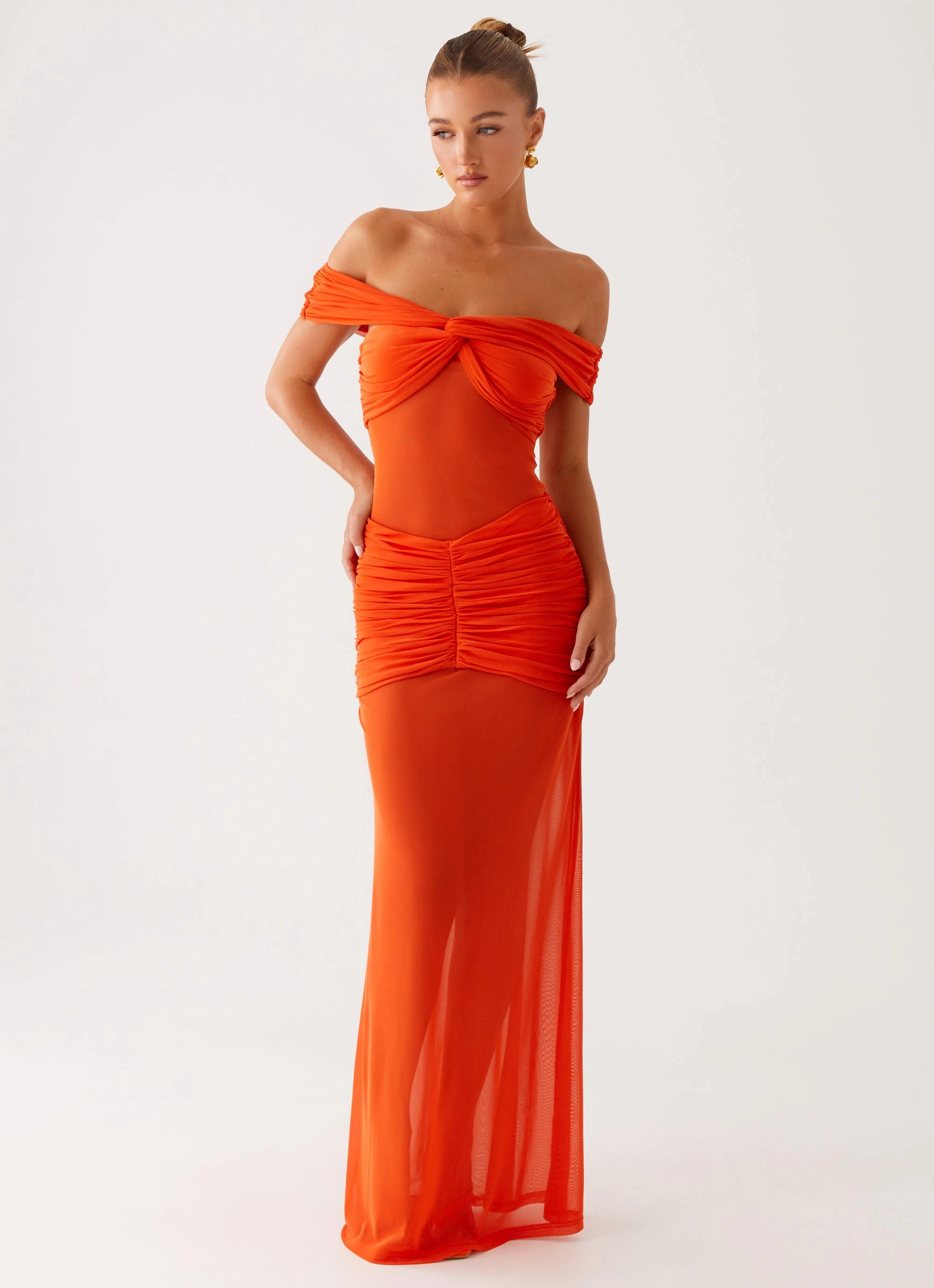 Charming Off Shoulder Maxi Dress - Orange velvet feel