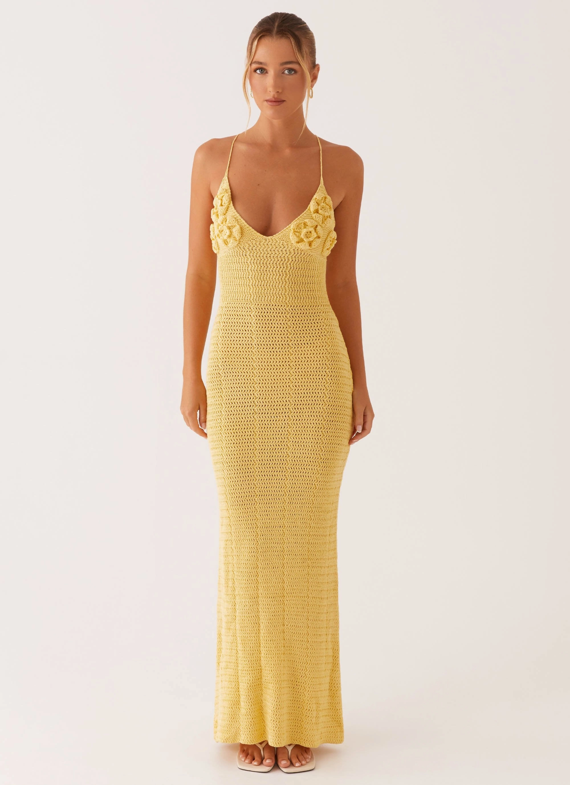 Zara Rose Crochet Maxi Dress - Yellow Sage Glow Printed-Lining
