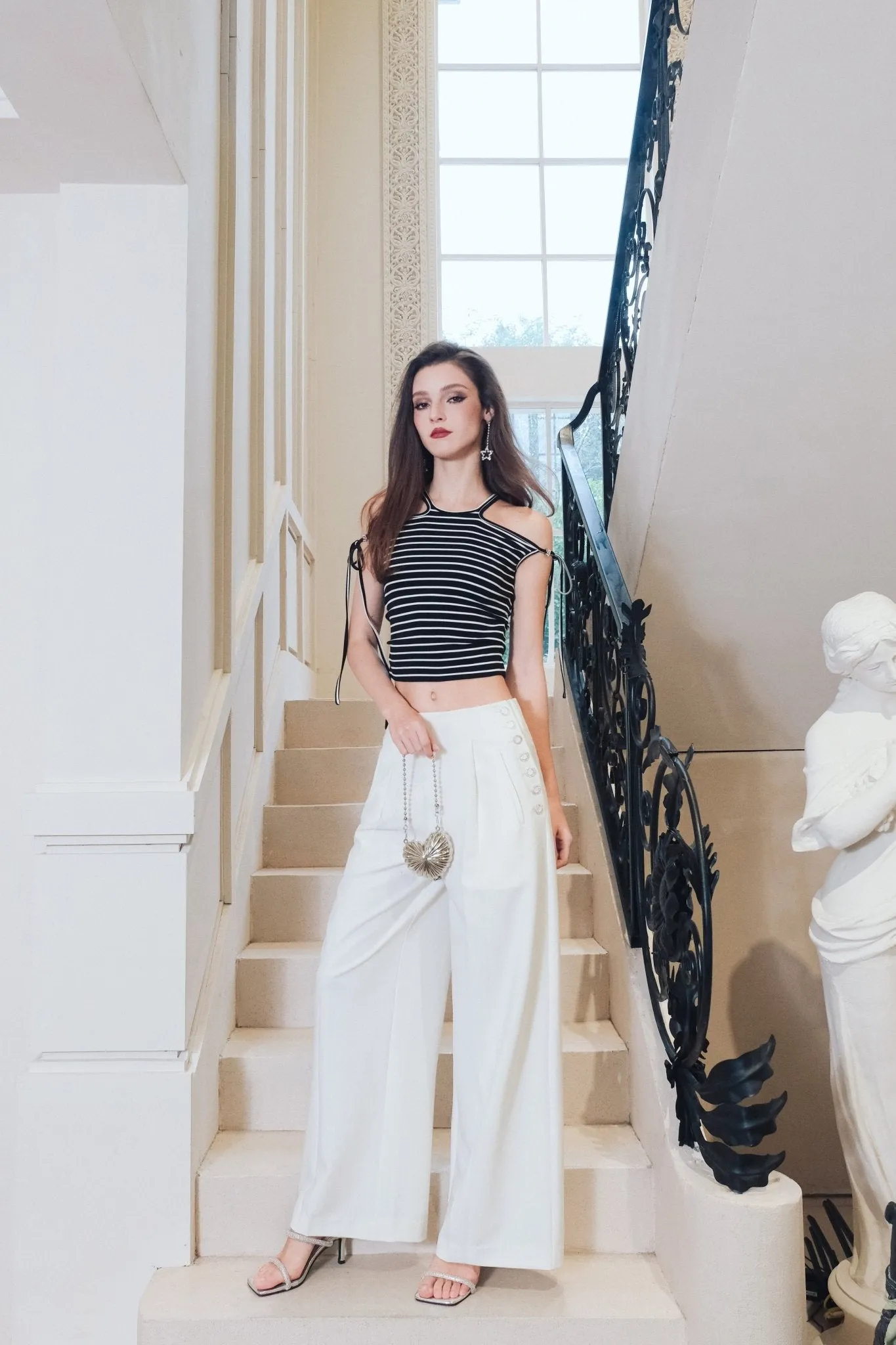 Slim Fit Black And White Striped Strappy Tank Top