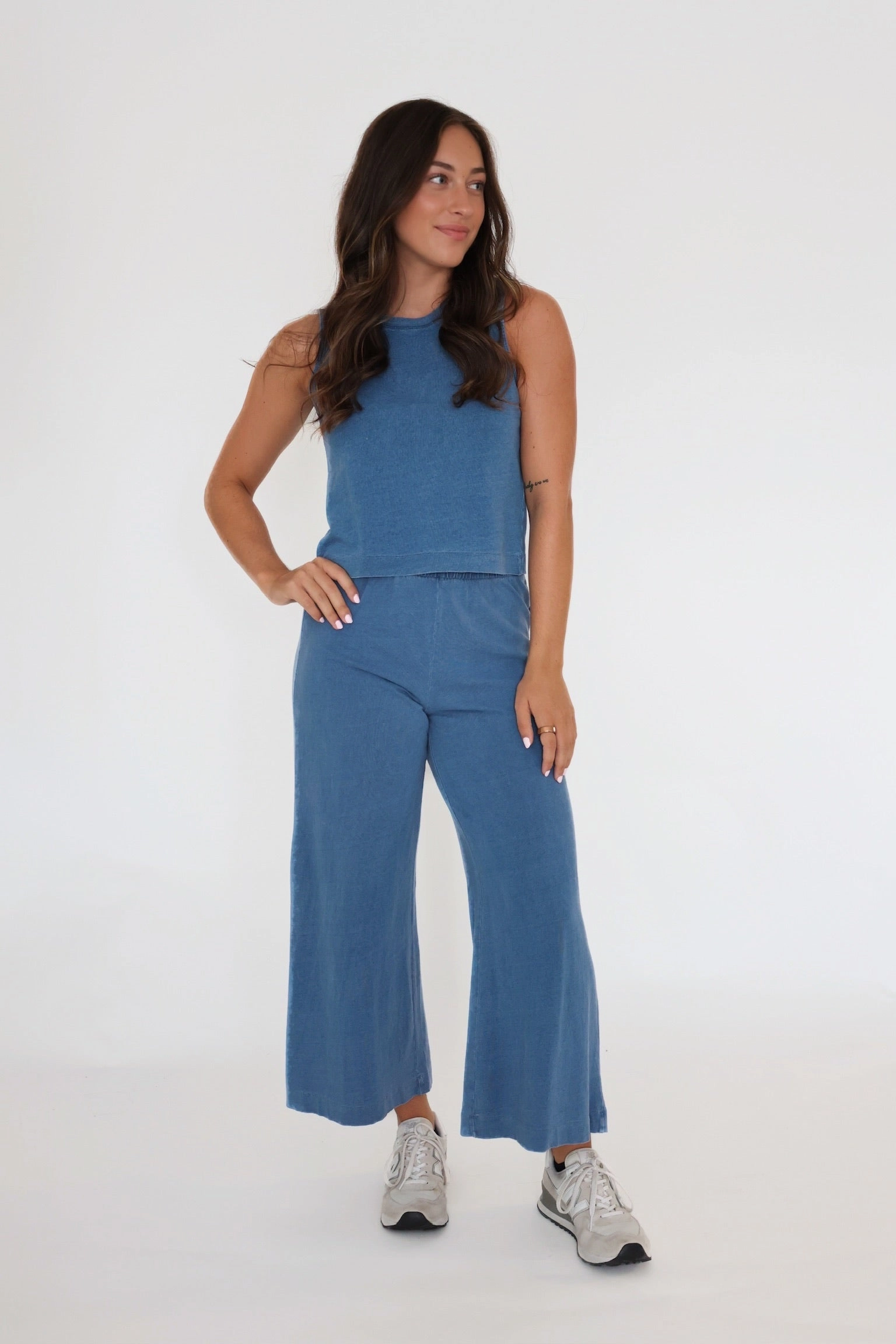 TumbleDryFriendlyMaterial Layered Sleeve Sloane Jersey Denim Tank- Vintage Indigo