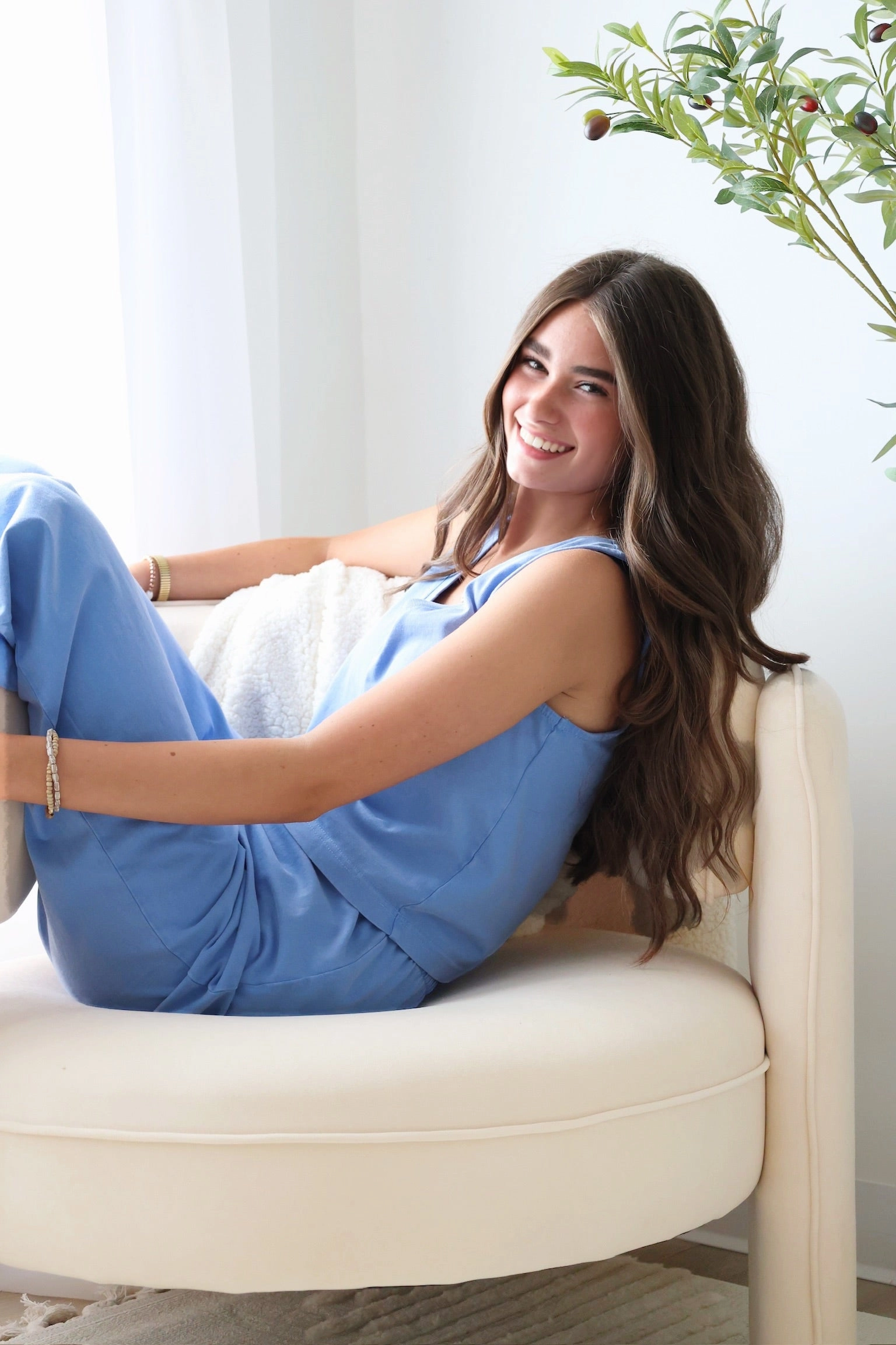 Grid Back Panel Drop Shoulder Design Sloane V-neck Top- Bay Blue