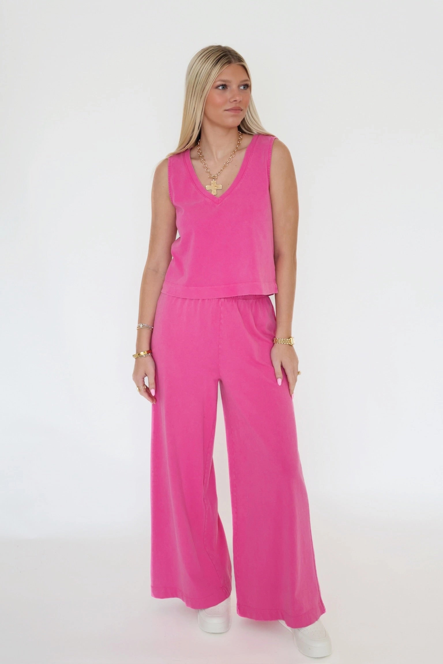 Sloane V-neck Top- Island Pink Flowy Tunic WrinkleFree Weave