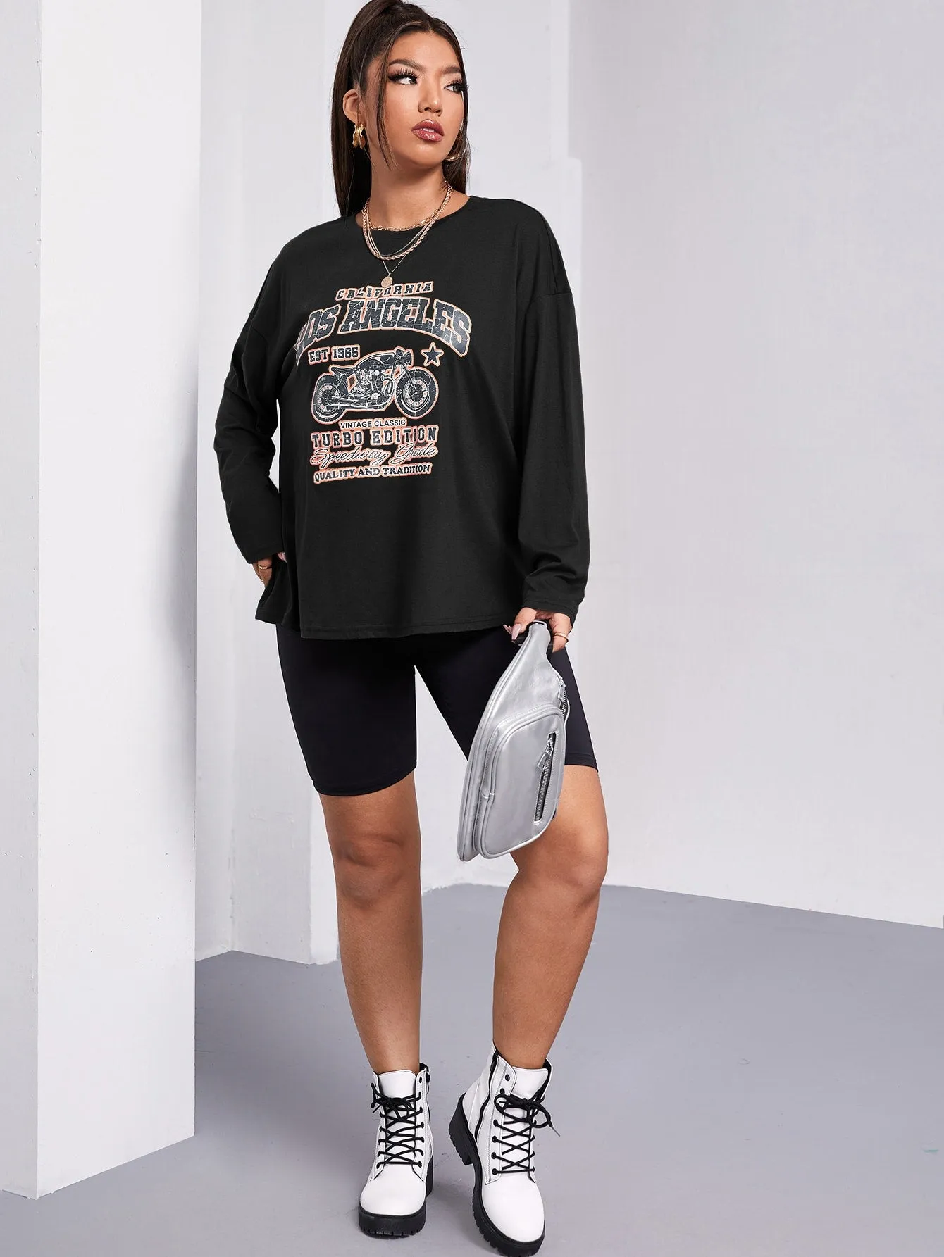 Slogan Long Sleeve Round Neck Regular Plus Size T-Shirt