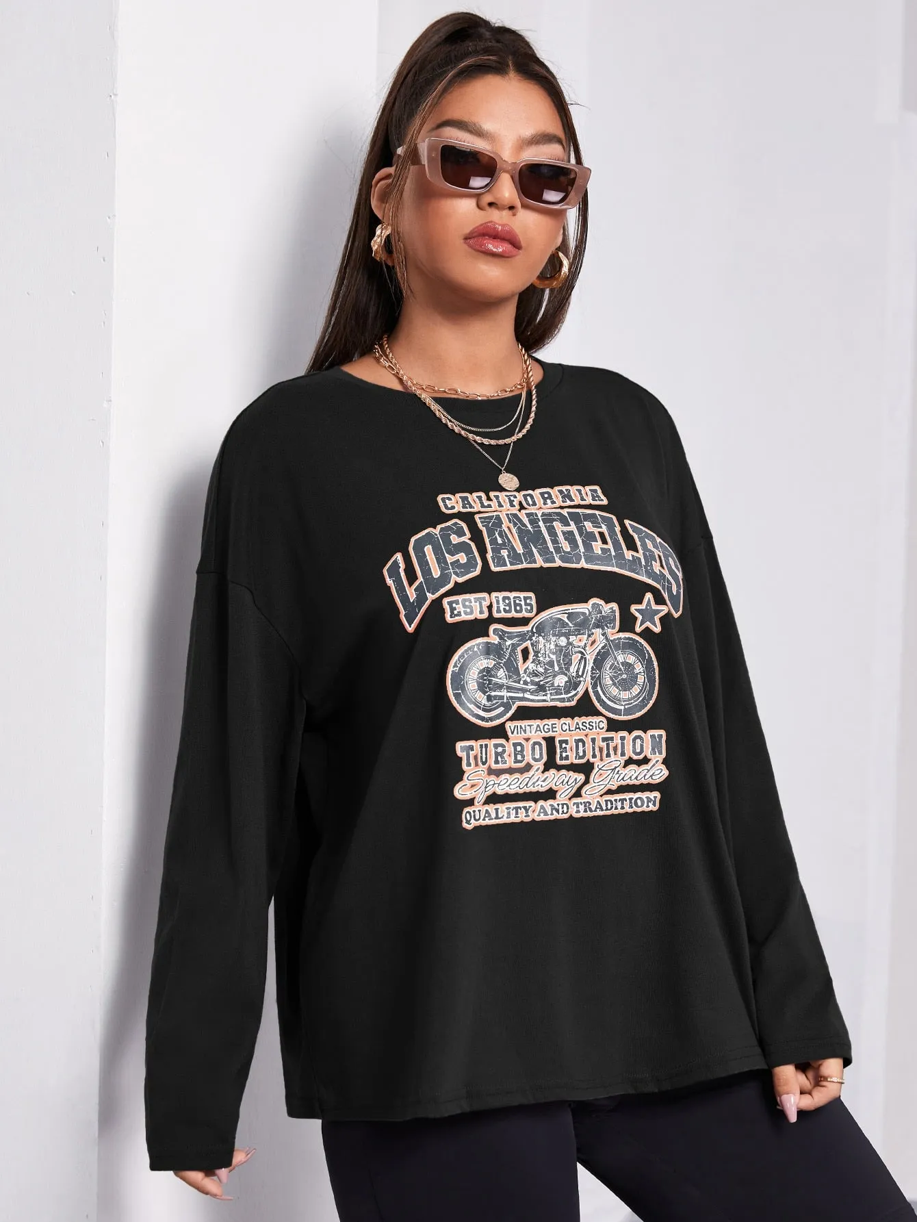 Slogan Long Sleeve Round Neck Regular Plus Size T-Shirt