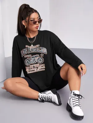 Slogan Long Sleeve Round Neck Regular Plus Size T-Shirt