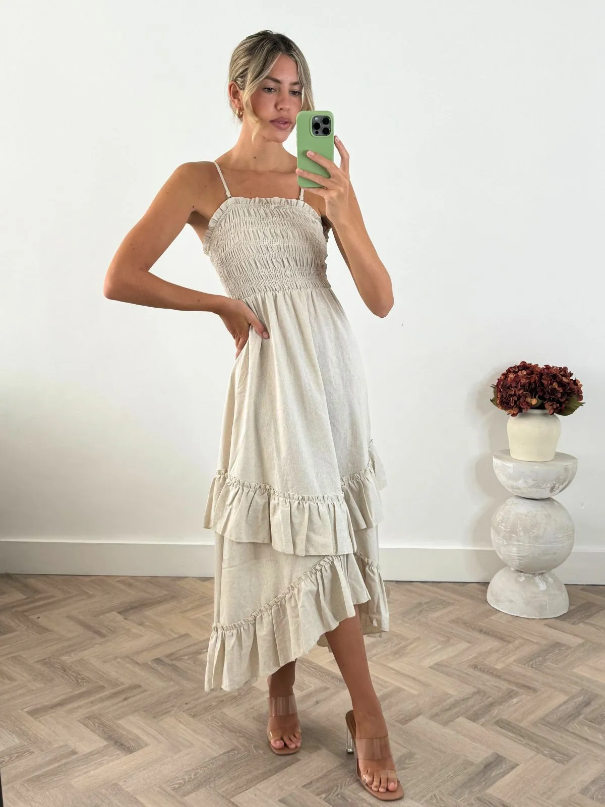 Neutral Look Bessie Shirred Frill Midi Dress in Cream